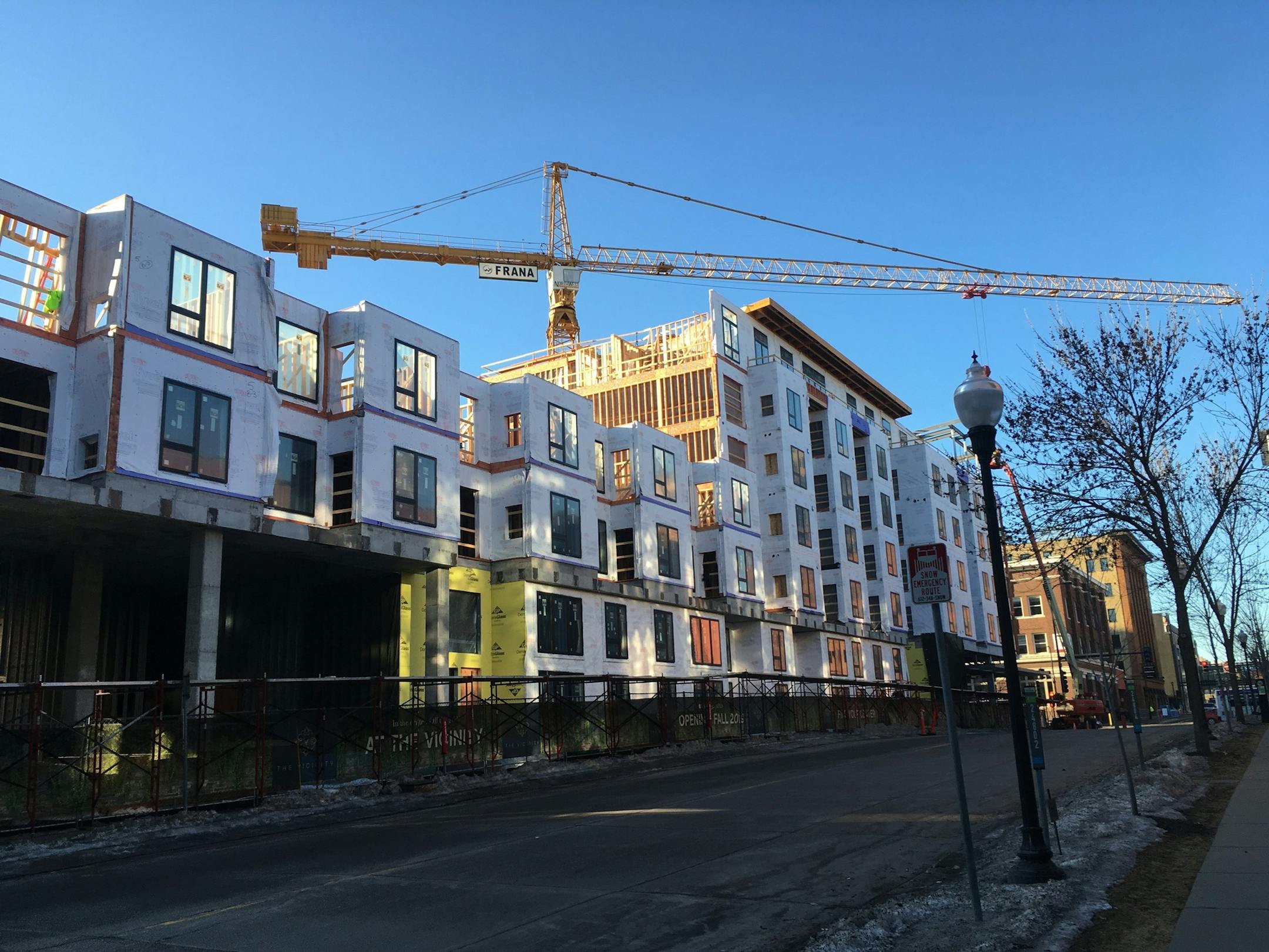 The Vicinity Apartments by Sherman Associates is one of several market-rate apartment buildings under construction in Minneapolis, which has been the busiest city for housing construction so far in 2019. Staff photo: Jim Buchta ORG XMIT: MIN1904021506097364