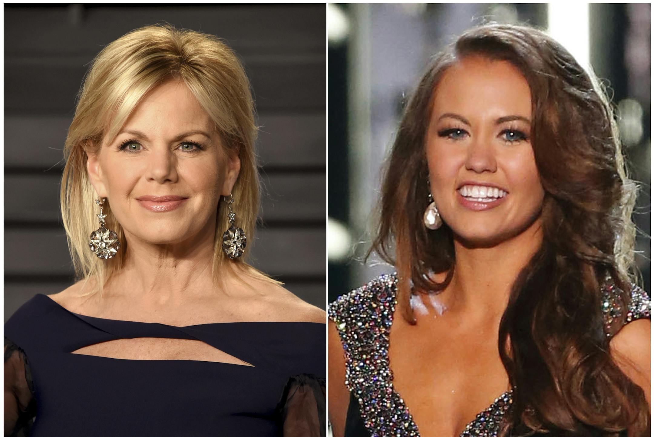 This combination photo shows Miss America chairwoman Gretchen Carlson at the Vanity Fair Oscar Party in Beverly Hills, Calif., on March 4, 2018, left, and reigning Miss America Cara Mund competing at the Miss America 2018 pageant, in Atlantic City, N.J. on Sept. 10, 2017. Carlson has feuded on Twitter with reigning Miss America Cara Mund after Mund said she'd been "silenced" by pageant officials seeking to control what she says. (AP Photo)
