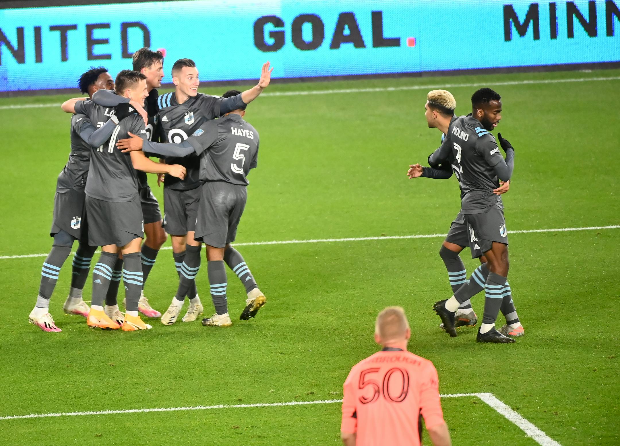 Teammates celebrated a goal by Minnesota United midfielder Robin Lod (17), second from left, late in the first half during a game this season.