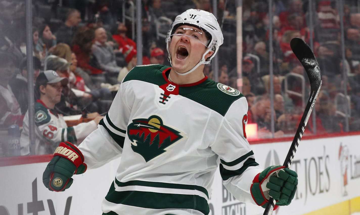 Minnesota Wild center Ryan Donato (6) celebrates his goal against the Detroit Red Wings in the first period of an NHL hockey game Thursday, Feb. 27, 2020, in Detroit. (AP Photo/Paul Sancya)