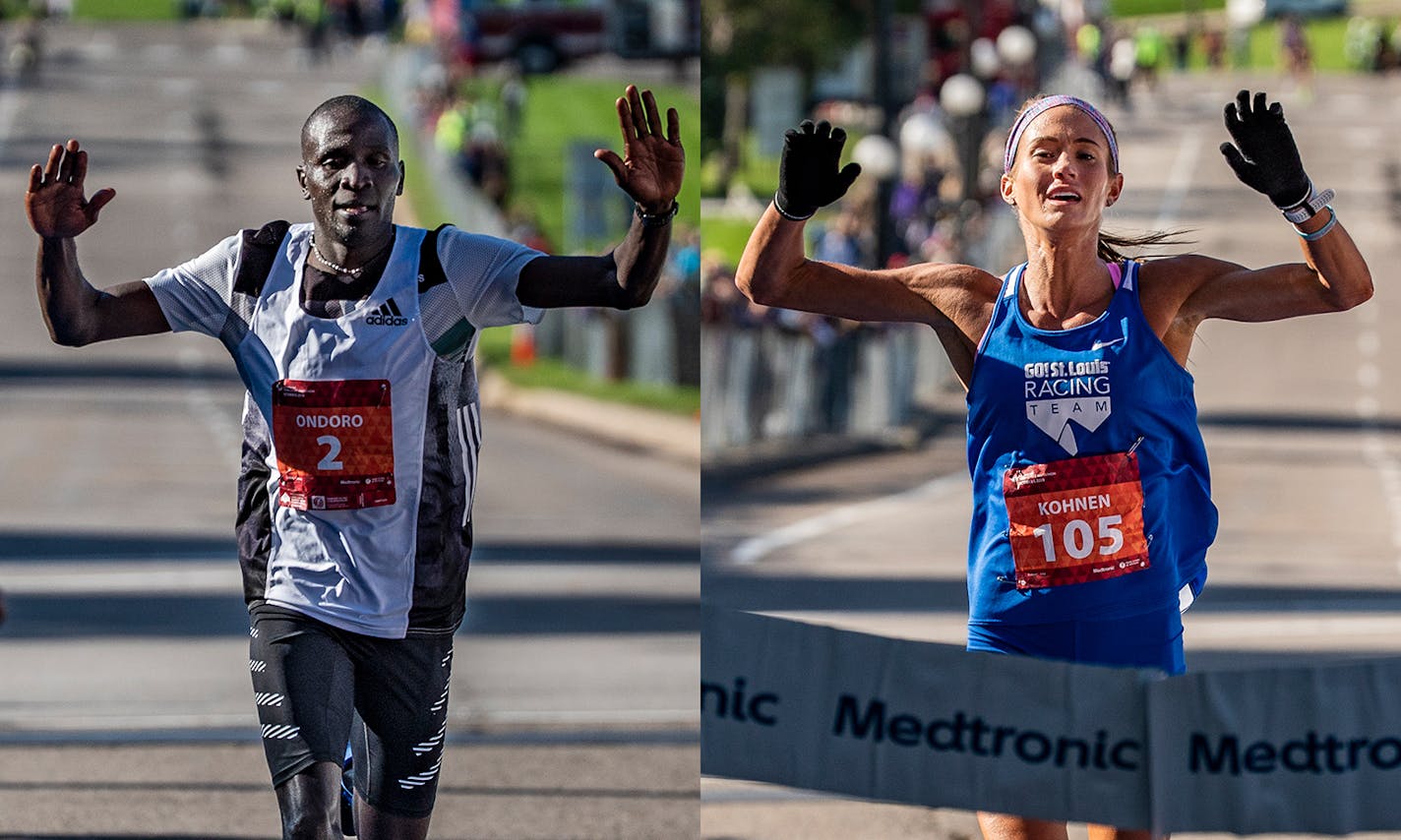 Dominic Ondoro finished in first place in the men's category for the Twin Cities Marathon on Sunday, Oct. 6, 2019, in a time of 2:12:23. Julia Kohnen finished in first place in the women's category in a time of 2:31:29.