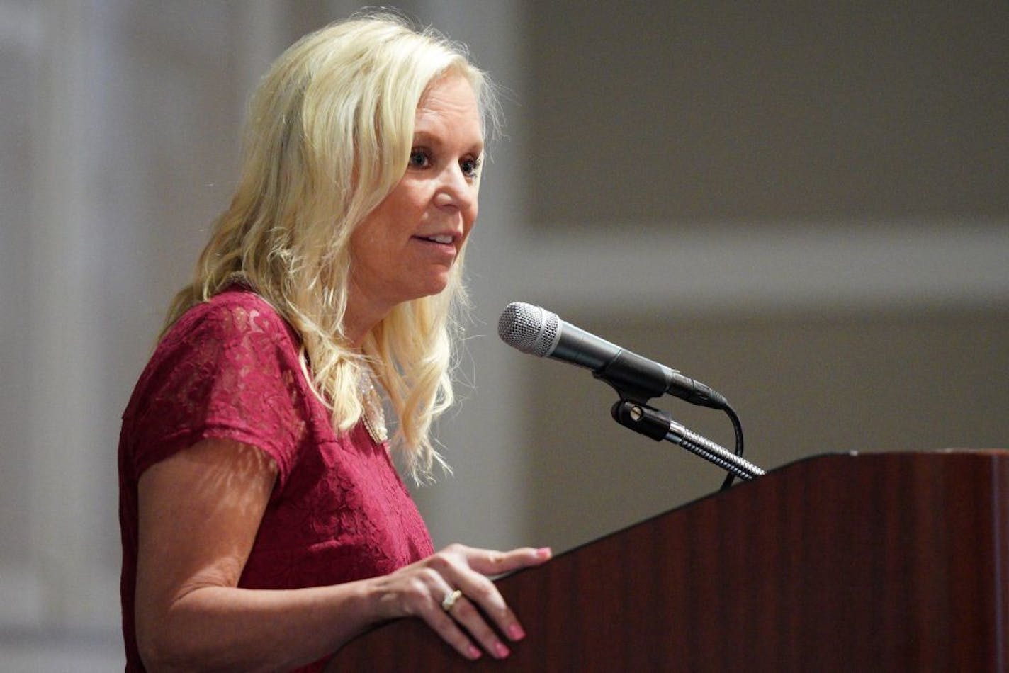 State Sen. Karin Housley, R-St. Mary's Point, spoke during a signing ceremony for H.F. 90, a bill that establishes greater protections for residents in assisted living facilities.