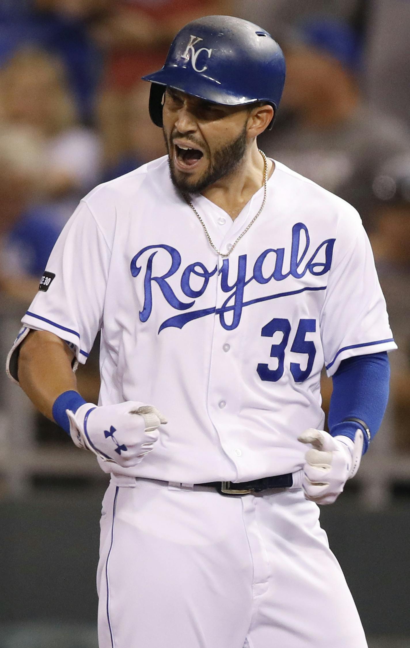 CORRECTS THAT HOSMER DROVE IN THE GO-AHEAD RUN, NOT SCORED IT - Kansas City Royals' Eric Hosmer reacts after driving in the go-ahead run against the Minnesota Twins during the eighth inning of a baseball game at Kauffman Stadium in Kansas City, Mo., Saturday Sept. 9, 2017. (AP Photo/Colin E. Braley)