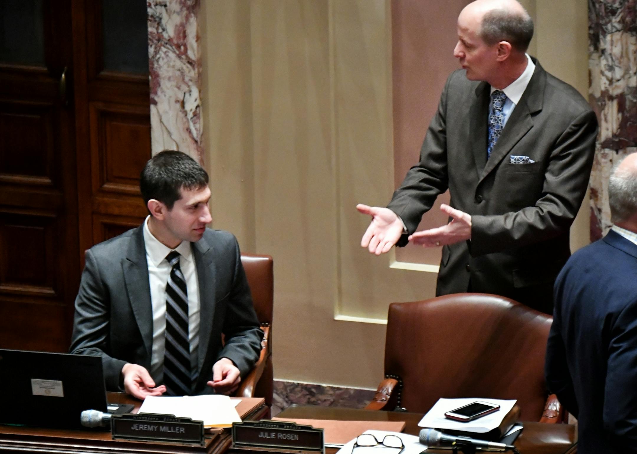 Sen. Jeremy Miller,R-Winona, chief author of the Sunday liquor bill and Majority Leader Paul Gazelka spoke at the beginning of the debate. Leader Gazelka has said publickly that he will not tell members how they should vote.