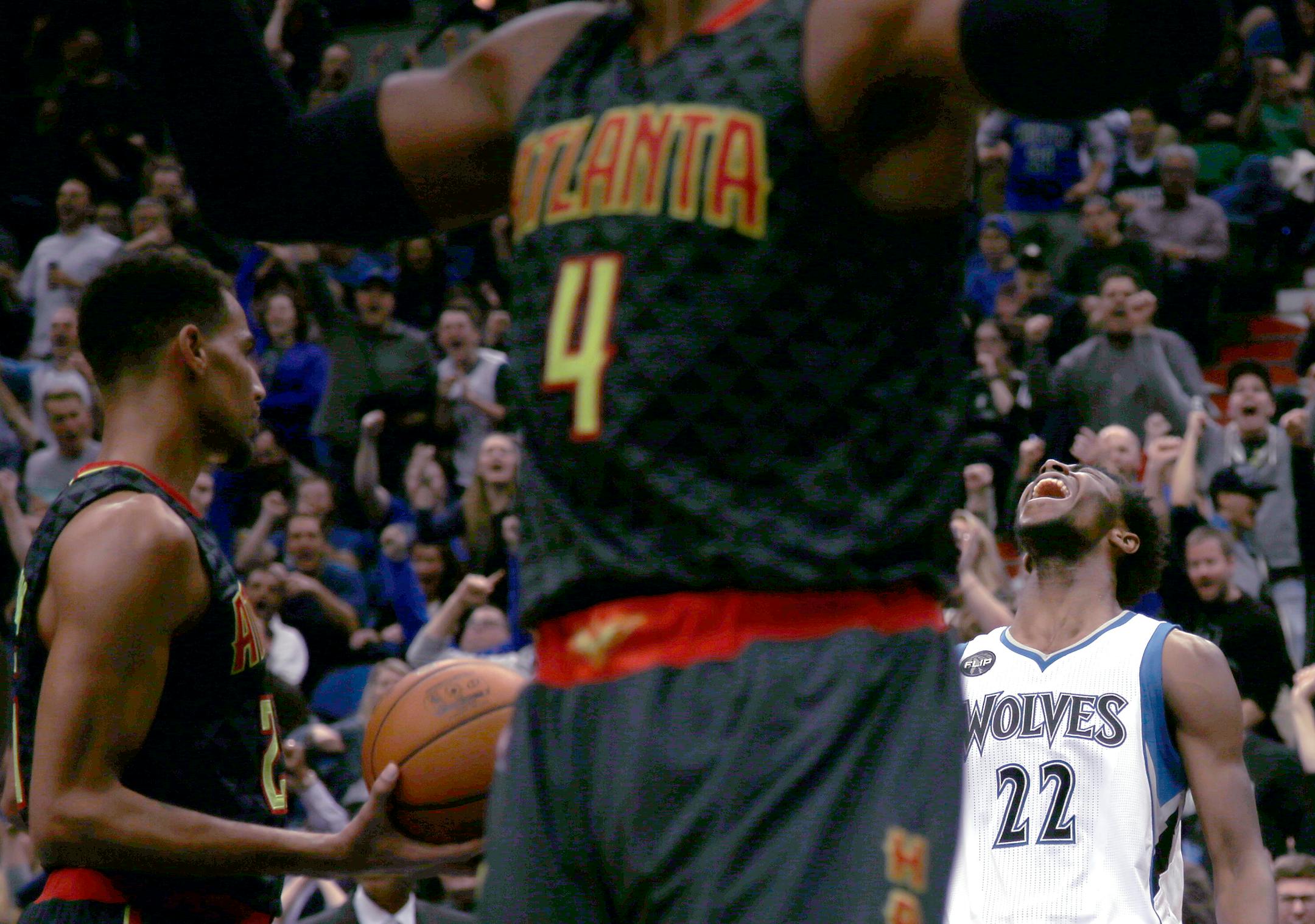 Andrew Wiggins (22) reacted after scoring while being fouled late in the fourth quarter. ] CARLOS GONZALEZ � cgonzalez@startribune.com - November 25, 2015, Minneapolis, MN, Target Center, NBA, Minnesota Timberwolves vs. Atlanta Hawks