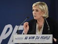 Far-right candidate for the presidential election Marine Le Pen speaks during a campaign meeting in Arcis-sur-Aube, near Troyes, France, Tuesday, Apri