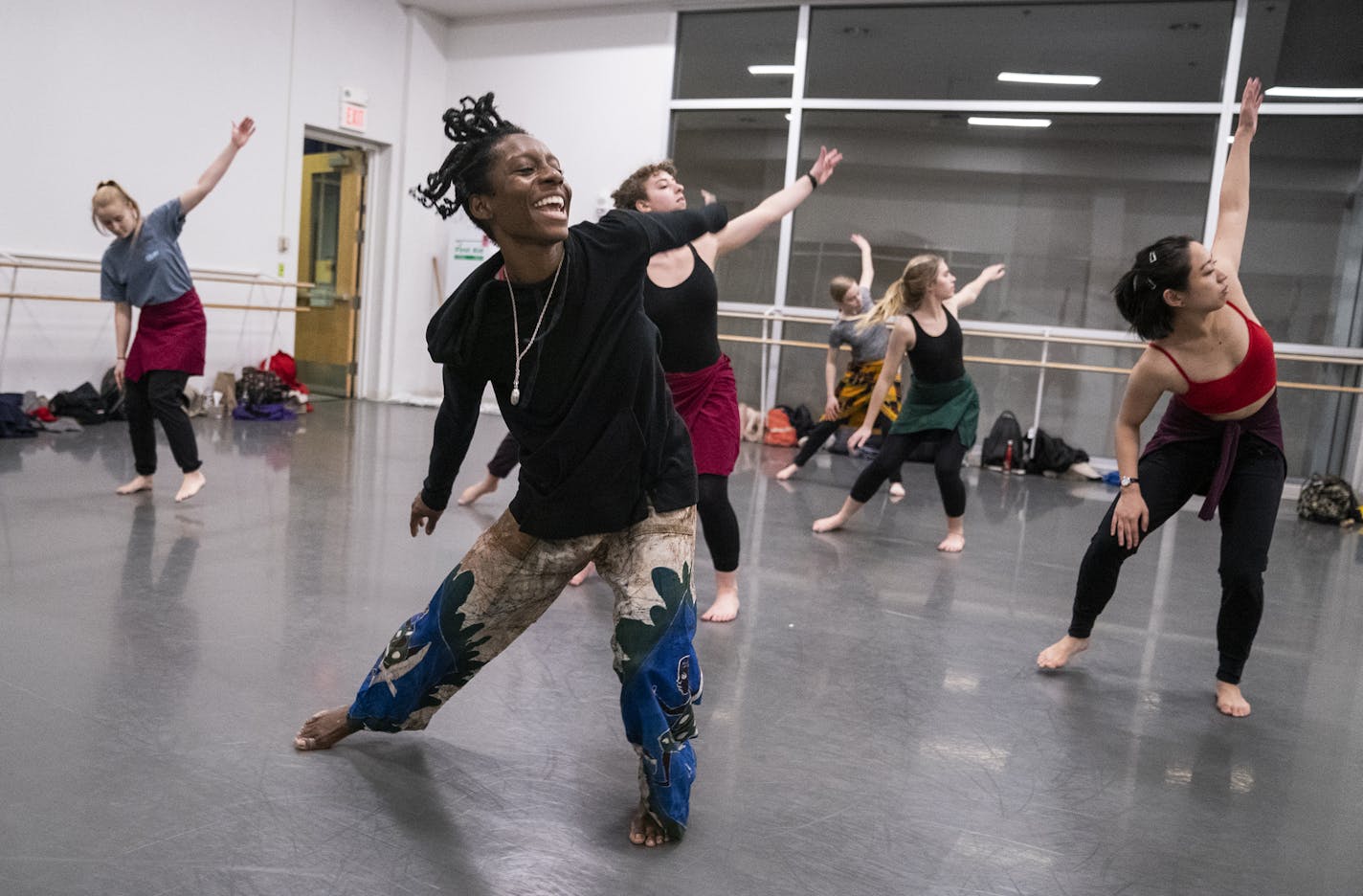 Alanna Morris-Van Tassel leads the Afro Modern class during TU Dance Center's Winter Intensive. ] LEILA NAVIDI &#xa5; leila.navidi@startribune.com BACKGROUND INFORMATION: TU Dance Center's Winter Intensive advanced level Afro Modern class, which that evening was held offsite at the Barbara Barker Center For Dance at the U of M in Minneapolis on Monday, January 14, 2019. The Afro Modern dance class utilizes a West African base combining different elements of modern dance with live Djembe drums an