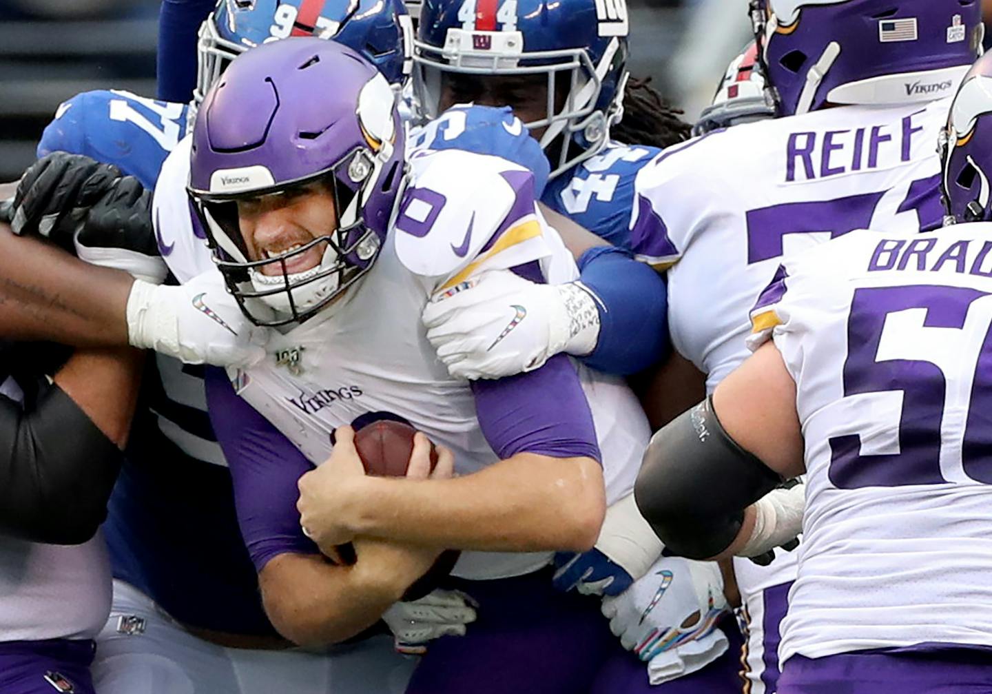 Minnesota Vikings quarterback Kirk Cousins (8) and center Garrett Bradbury (56). ] CARLOS GONZALEZ &#x2022; cgonzalez@startribune.com &#x2013; East Rutherford, NJ &#x2013; October 6, 2019, MetLife Stadium, NFL, Minnesota Vikings vs. New York Giants