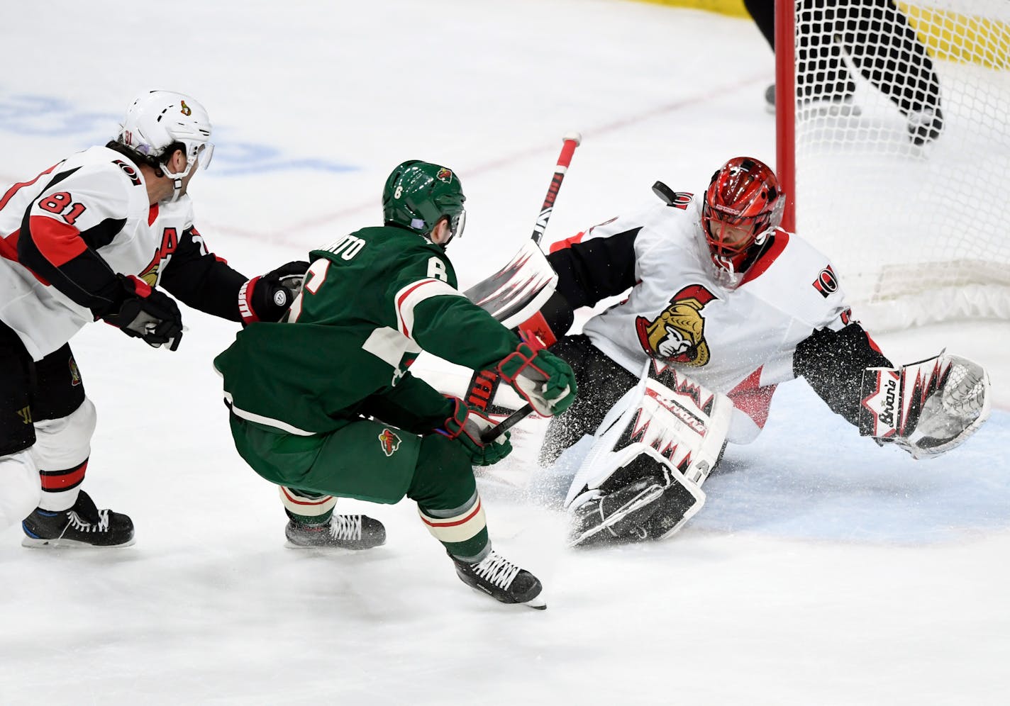 Ottawa goaltender Anders Nilsson blocks a shot by the Wild's Ryan Donato on Friday. Donato finished with three points in the game, a goal and two assists.