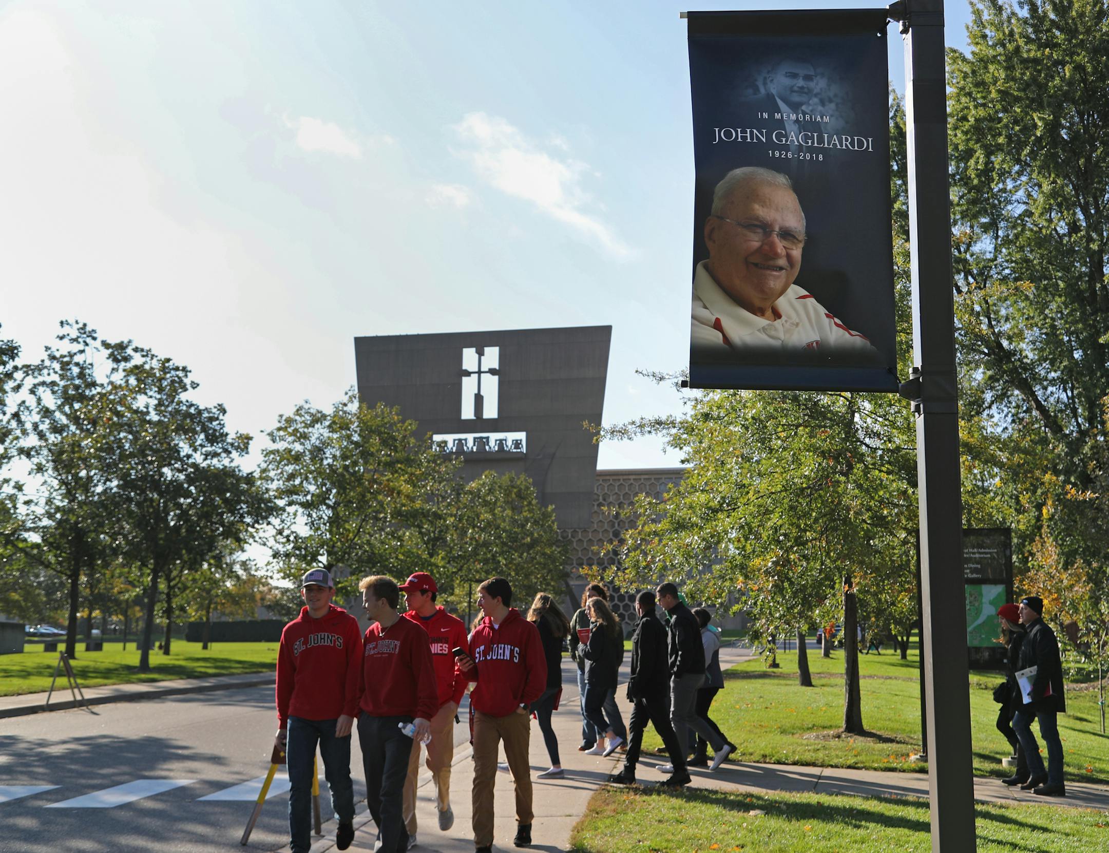 Lightpole banners honoring St. John's football coach John Gagliardi were hanging before the Johnnies-Tommies game in Collegeville on Saturday, Oct. 13, 2018. ] Shari L. Gross &#xef; shari.gross@startribune.com The Johnnies-Tommies MIAC rivalry continued as St. Thomas traveled to Collegeville to face St. John's on Saturday, October 13, 2018.