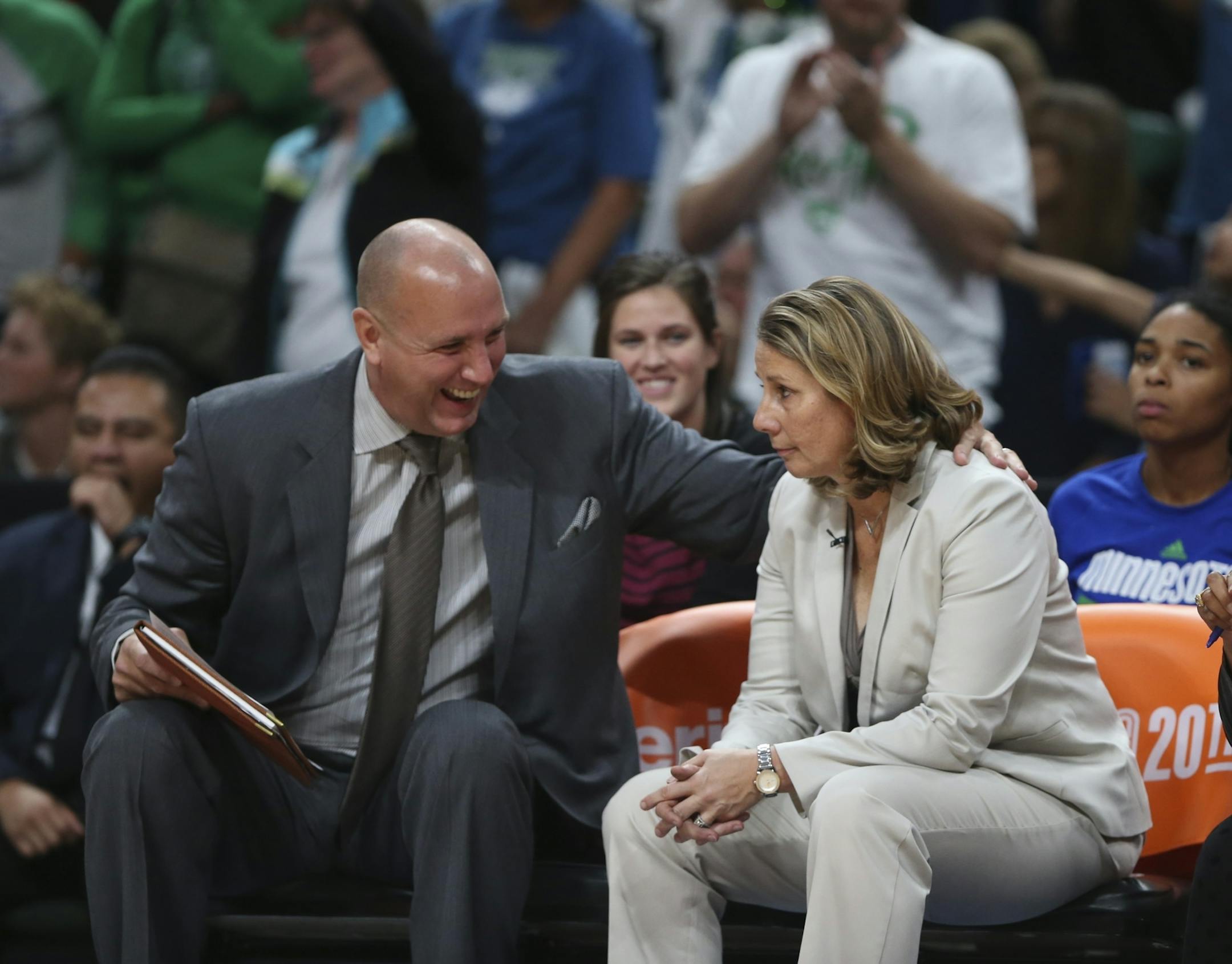 Lynx associate head coach Jim Peterson reassured head coach Cheryl Reeve with the Lynx ahead by 10 late in the fourth quarter.