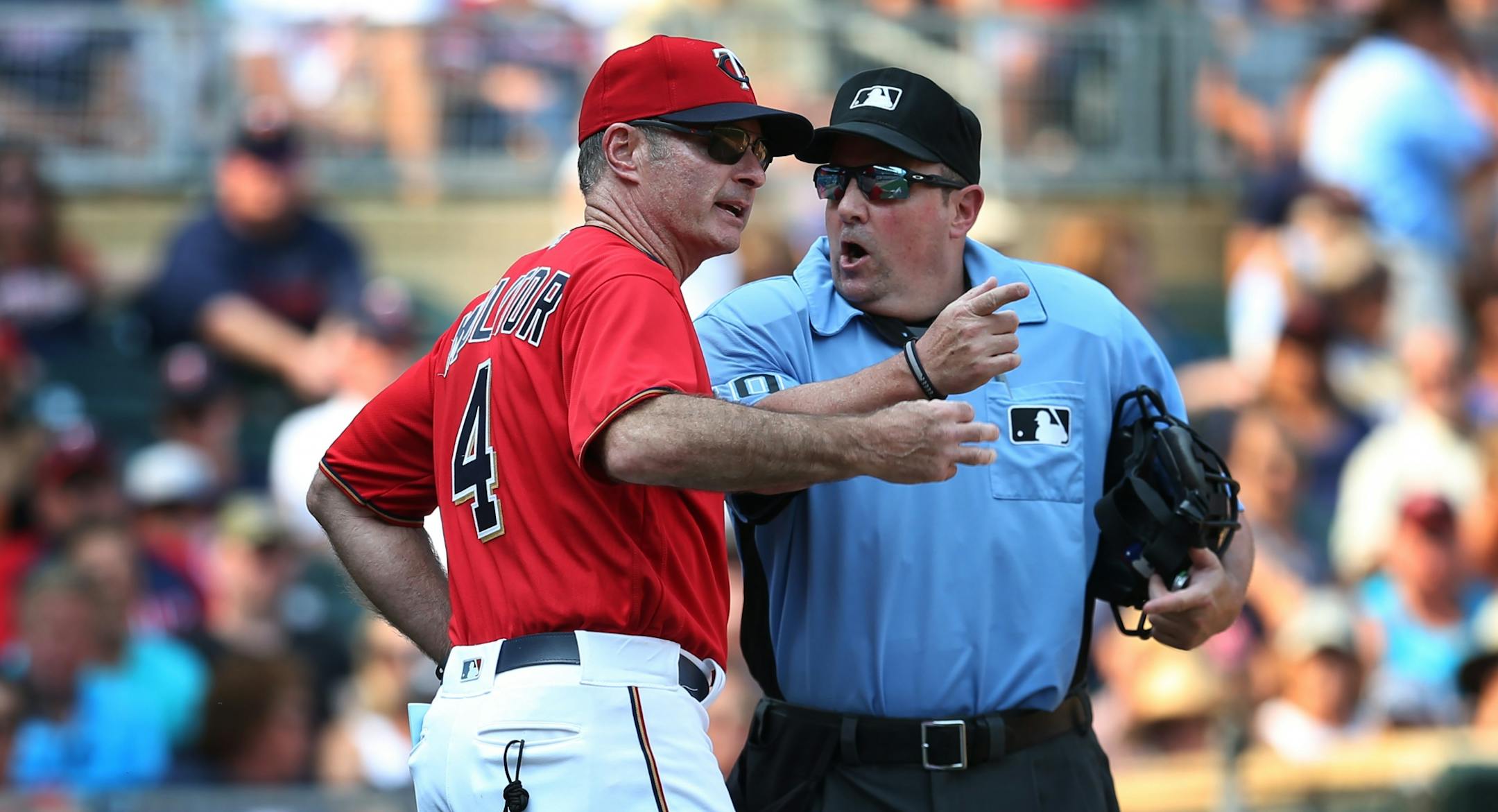 Minnesota Twins manager Paul Molitor (4) was ejected by home plate umpire Marty Foster in the seventh inning for arguing a checking swing call on Kansas City Royals center fielder Lorenzo Cain at Target Field Sunday September 3,2017 in Minneapolis, MN.