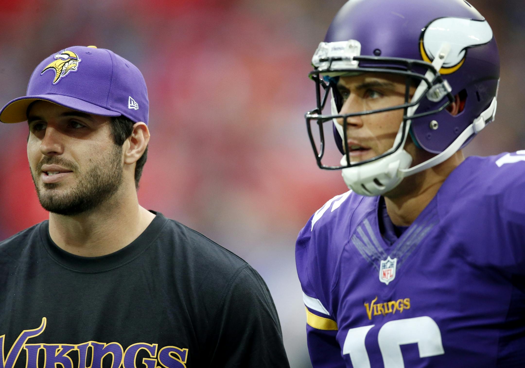 Minnesota Vikings quarterbacks Christian Ponder and Matt Cassel before Sunday's game at Wembley Stadium in London.