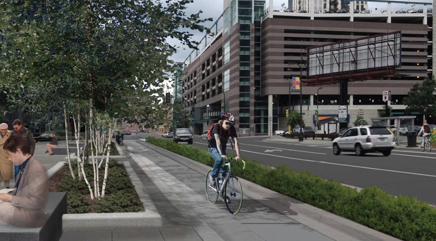 More green would be added to 3rd Avenue under a proposed redesign in downtown Minneapolis. One feature would be planter-protected bike lanes on portions of five blocks. ORG XMIT: MIN1510161304571052