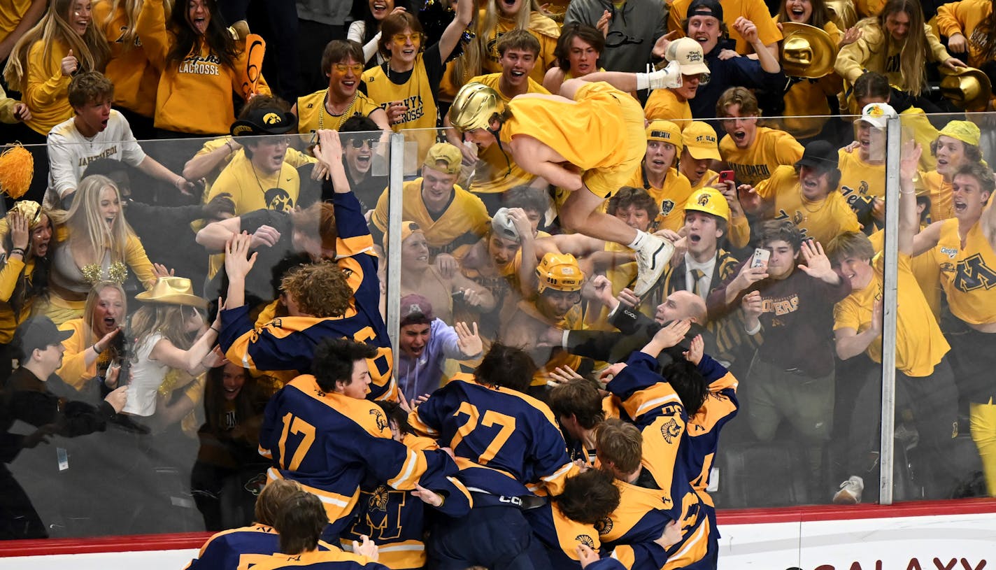 A fan climbs over the boards to celebrate with Mahtomedi after their double overtime win against Warroad Saturday, March 11, 2023 at the Xcel Energy Center in St. Paul, Minn. Warroad and Mahtomedi faced off in the Class 1A boys hockey state tournament championship game. ] AARON LAVINSKY • aaron.lavinsky@startribune.com