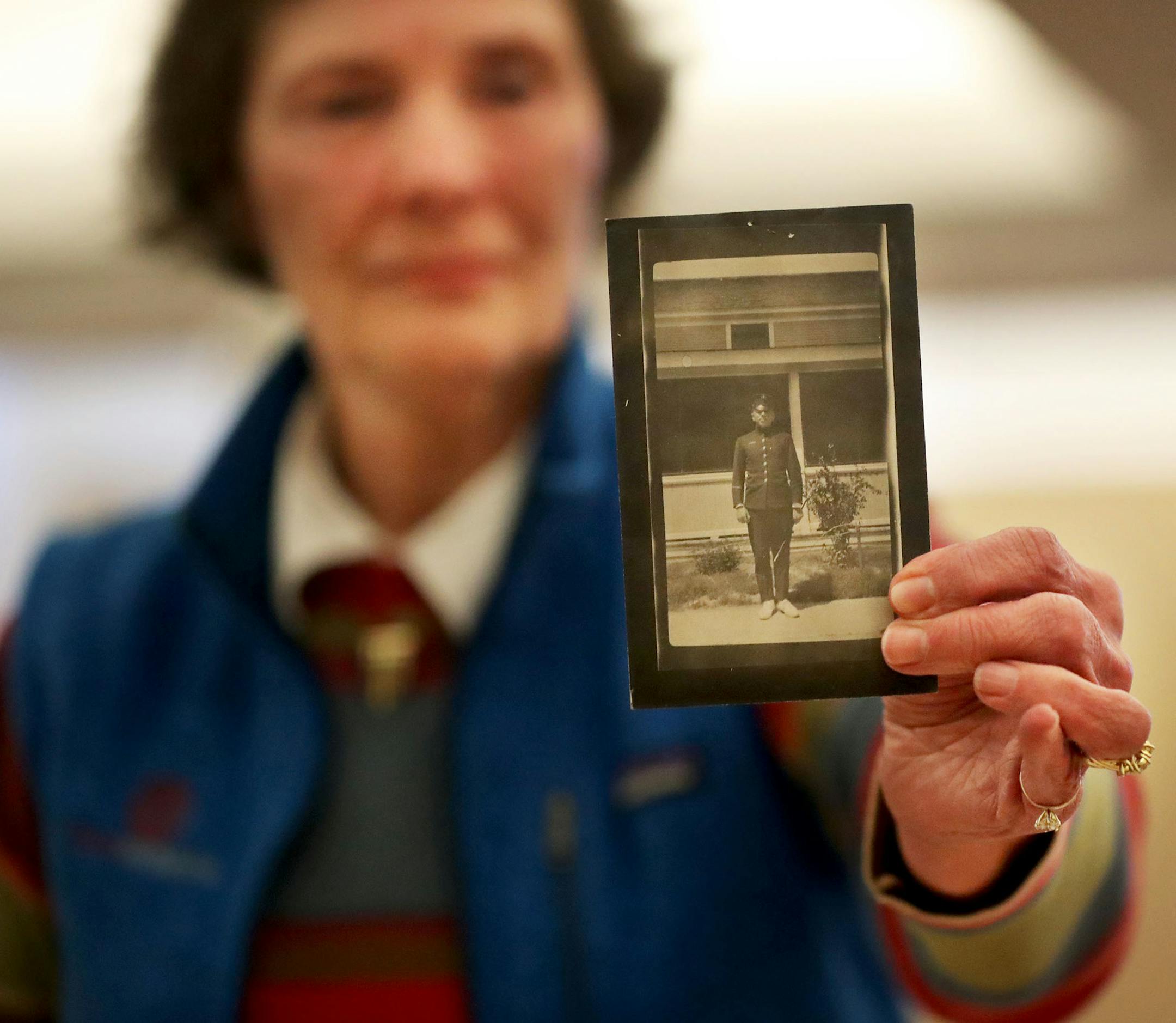 Citizen historians and husband and wife Doug & Kathi Jones stopped by the Minnesota History Center Library and pulled handwritten mustering out papers as well as a few photos, including this one of Minnesotan Leo Kotchevar, originally from Austria, who served in the U.S. Army during World War I and was seen Saturday, March 30, 2019, in St. Paul, MN. It's one of the final steps they do in their research--and a chance to hold a paper handwritten about the soldier they are researching.] DAVID JOLES