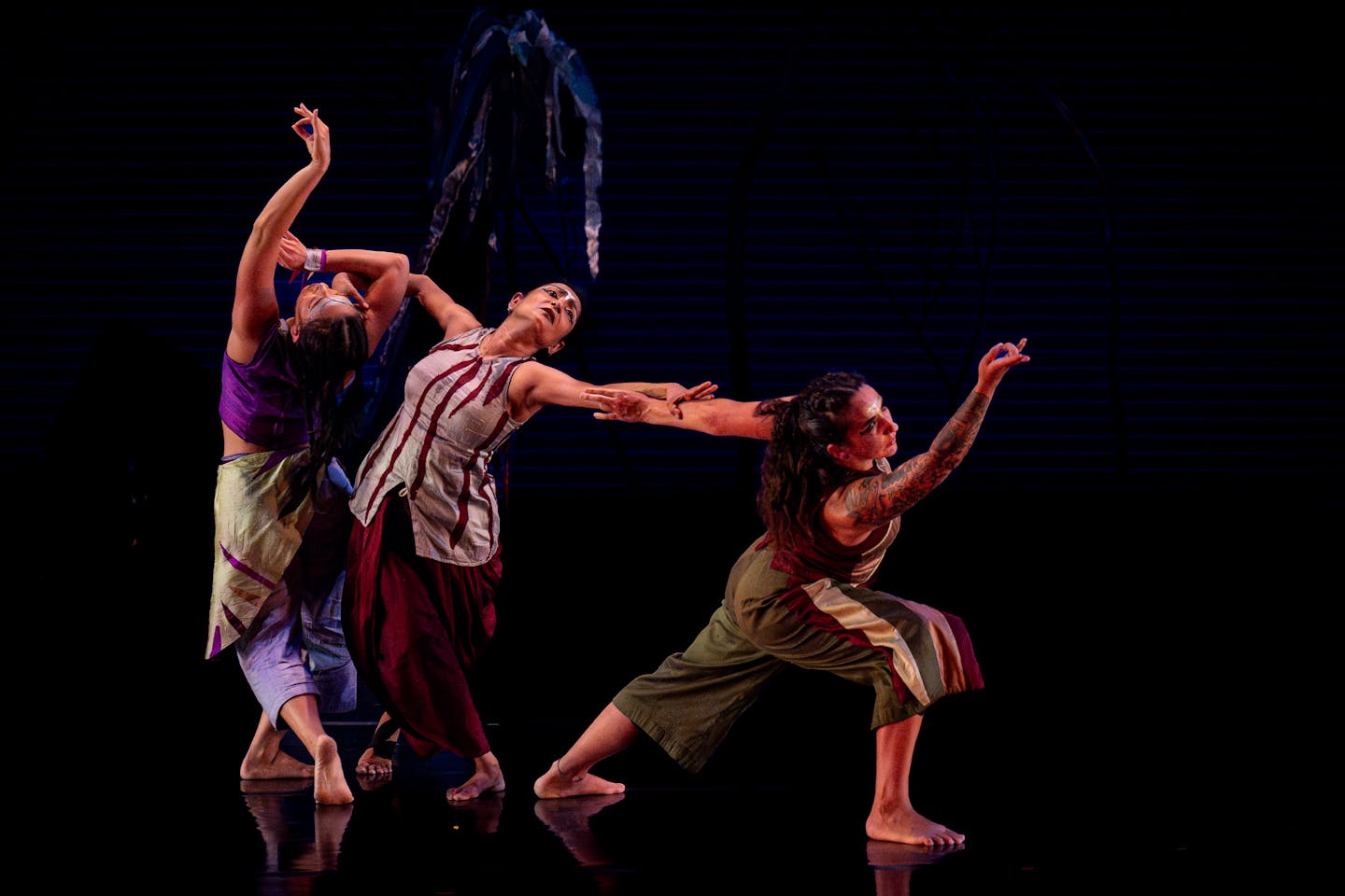 From left, Kealoha Ferreira, Ananya Chatterjea, and Noelle Awadallah in “Antaranga: Between You and Me" at The O'Shaughnessy, 2024. (Gregory Addison).