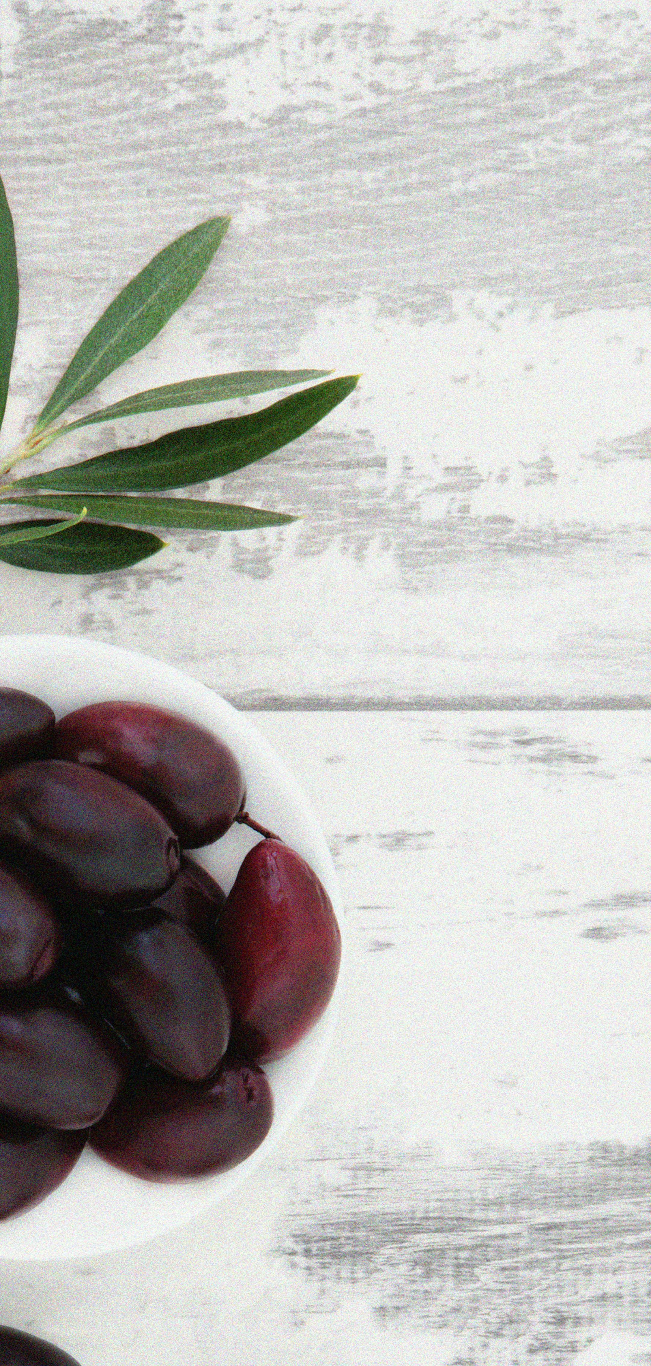 Black olives and lemon fruit with leaf sprig and silver fork over distressed white wooden background.