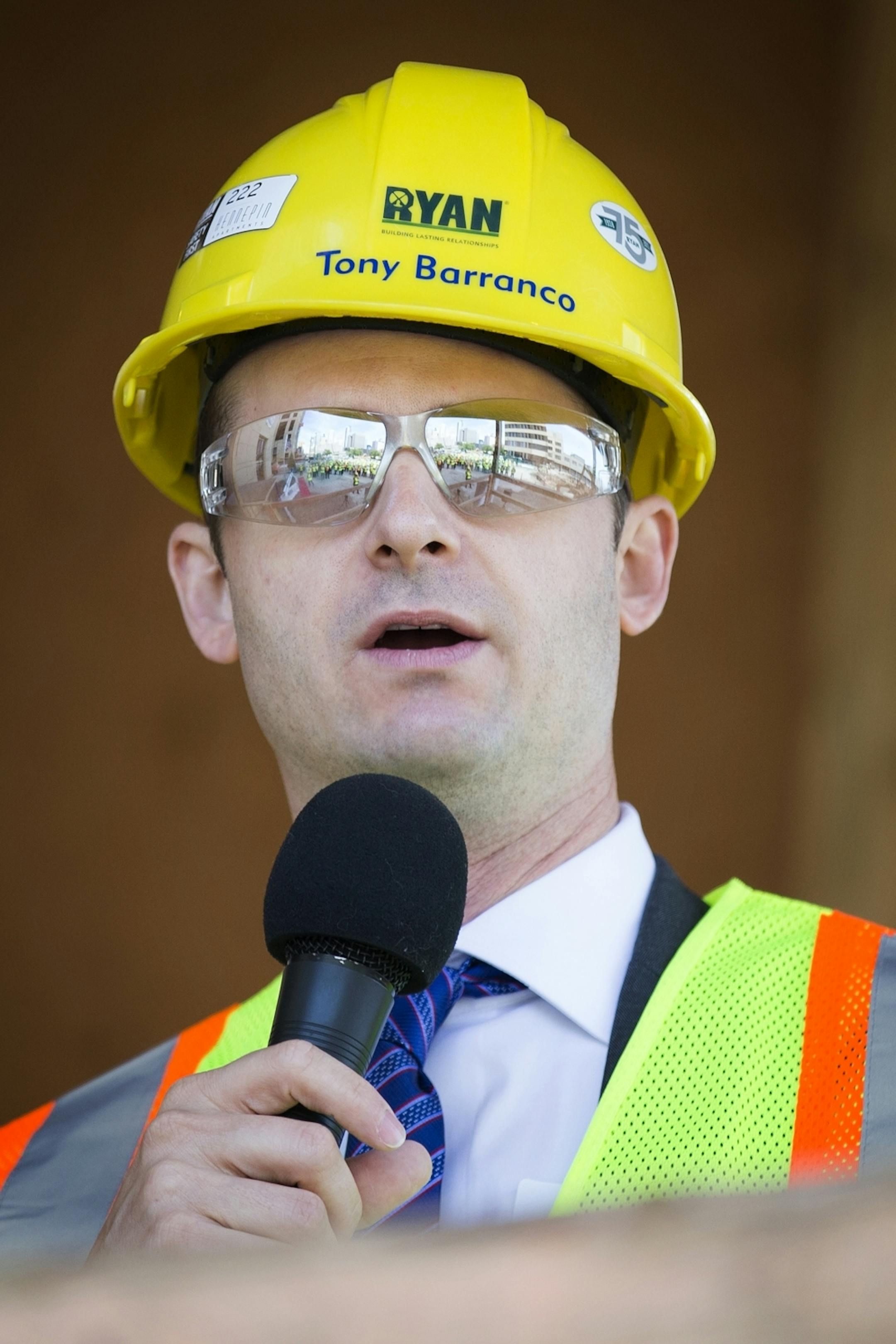 Ryan Companies vice president of development Tony Barranco speaks during a topping off ceremony for the new Wells Fargo towers by Ryan Companies in Minneapolis on Tuesday, June 2, 2015.