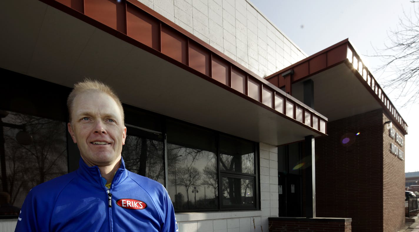 Erik Saltvold, owner and creator of Erik's Bikes, at a building that will become their latest store -- the former UAW union hall across the street from the former Ford plant in St.Paul, MN on April 4, 2013. ] JOELKOYAMA&#x201a;&#xc4;&#xa2;joel koyama@startribune.com Erik Saltvold, owner and creator of Erik's Bikes, at a building that will become their latest store -- the former UAW union hall across the street from the former Ford plant. need portrait of Saltvold with the new location in the pho