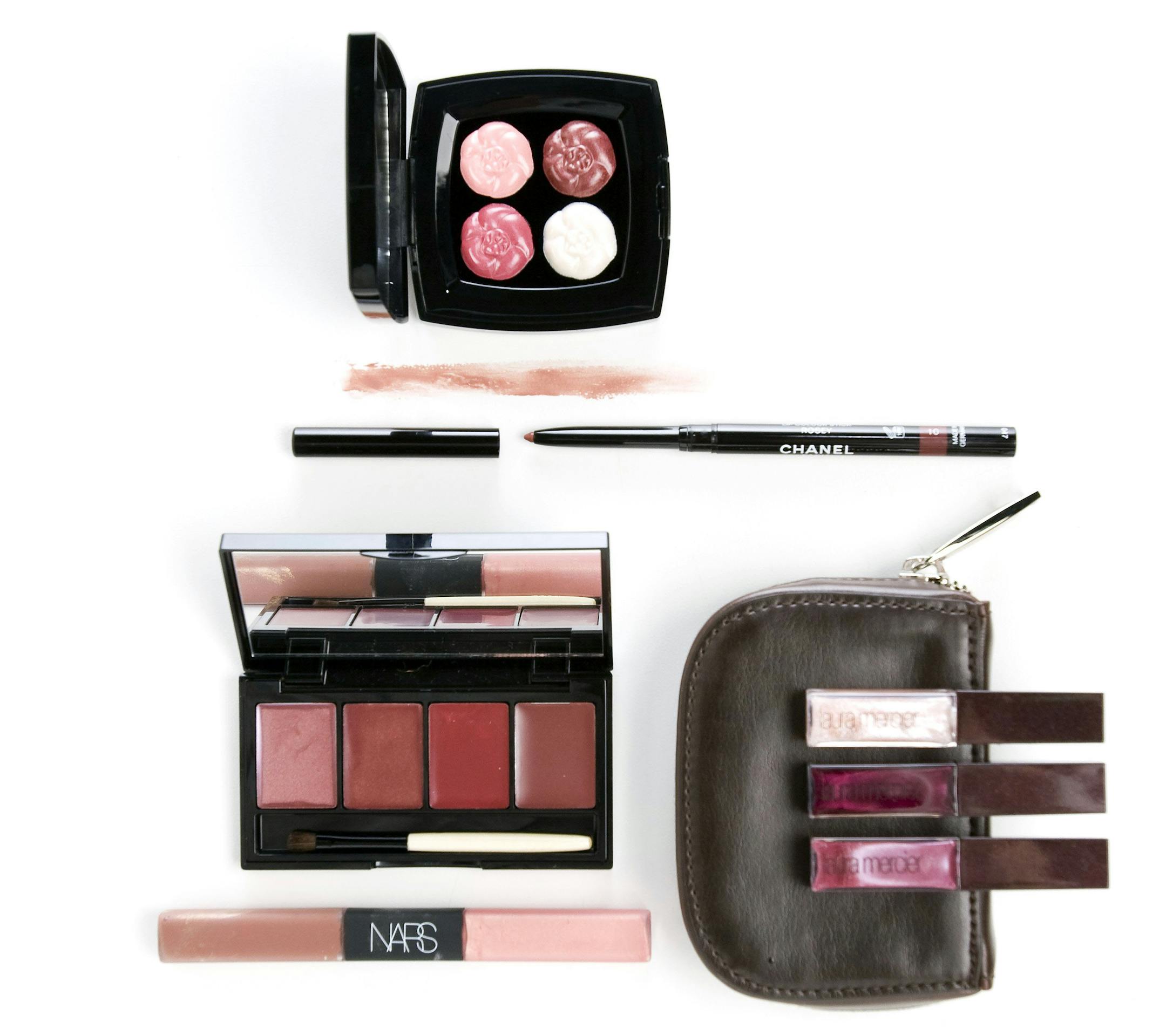 Clockwise from top: 4 Camellias de Chanel, Chanel Aqua Crayon in Rosey, Laura Mercier Limited Edition Mini Lip Plumpers, Nars Duo Lip Gloss (Limited Edition) and Bobbi Brown Lip Palette (Limited Edition).