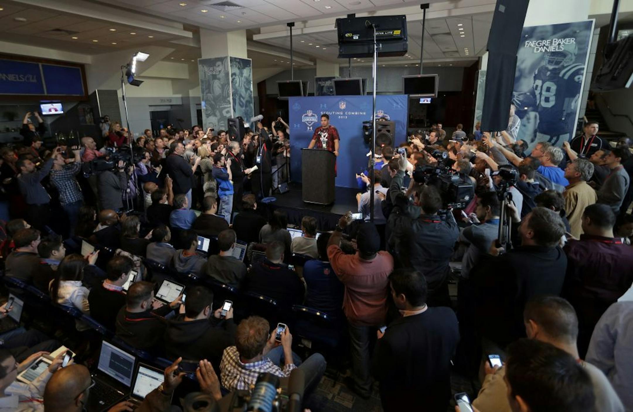 Notre Dame linebacker Manti Te'o answers a question during a news conference at the NFL combine in Indianapolis