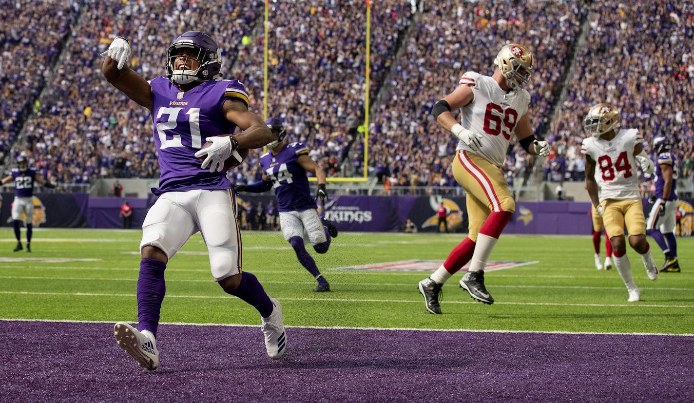 Vikings Mike Hughes (21) returned an interception 28-yards for a touchdown in the third quarter. ] CARLOS GONZALEZ &#xef; cgonzalez@startribune.com &#xf1; September 9, 2018, Minneapolis, MN, US Bank Stadium, NFL, Minnesota Vikings vs San Francisco 49ers