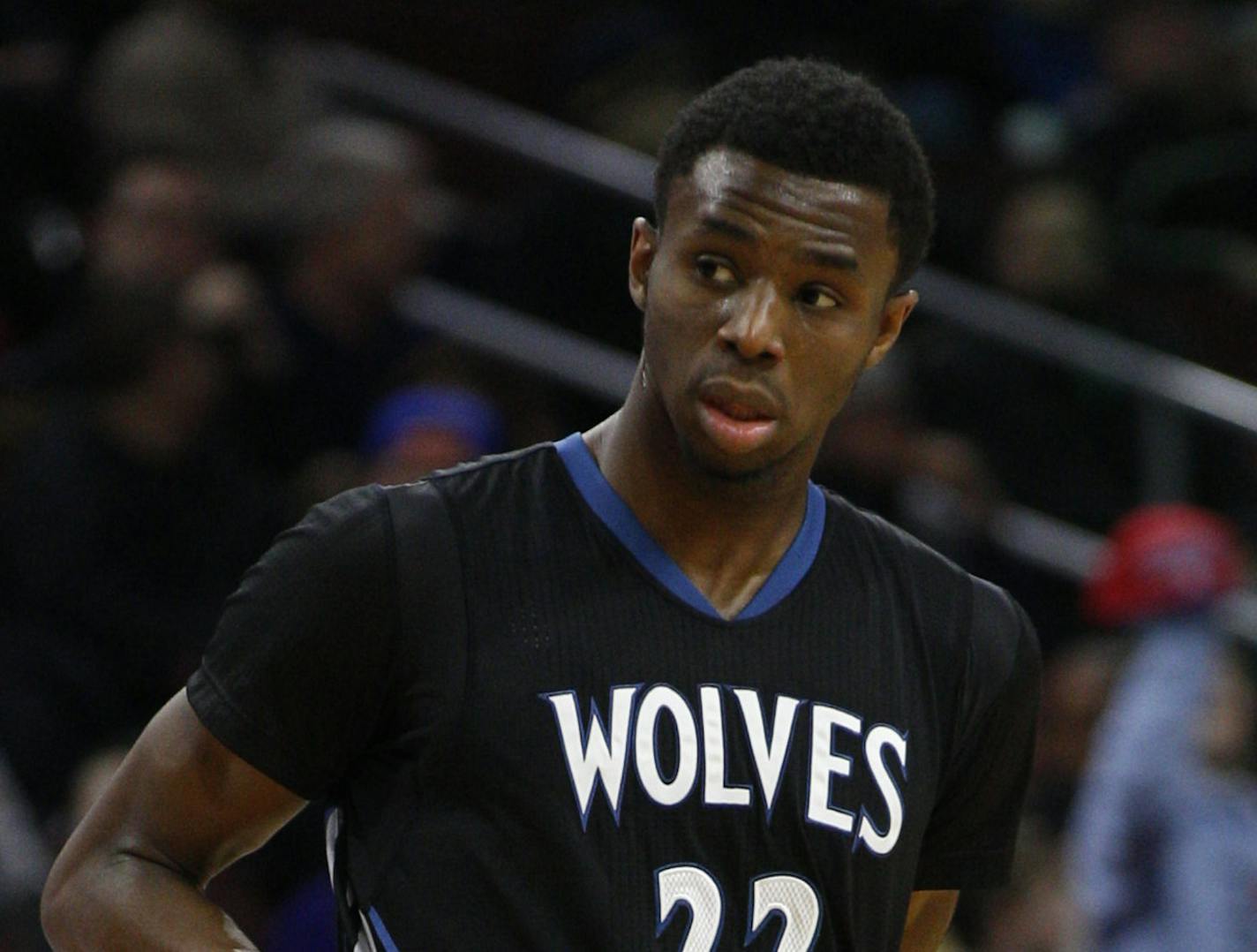 Minnesota Timberwolves' Andrew Wiggins (22) of Canada looks on during the second half of an NBA basketball game against the Philadelphia 76ers, Friday, Jan. 30, 2015, in Philadelphia. The 76ers won 103-94. (AP Photo/Chris Szagola)