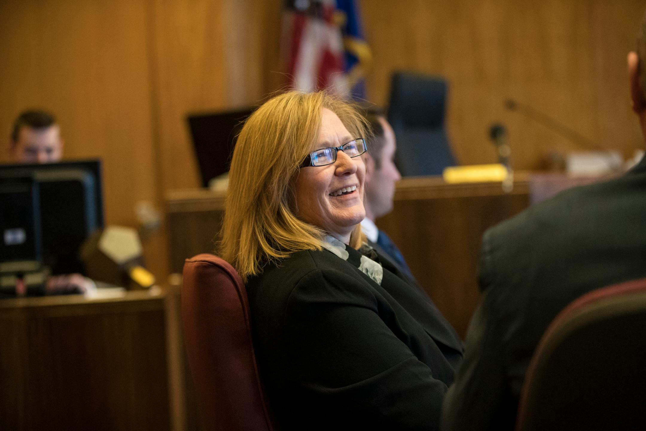 Lt. Gov. Michelle Fischbach chatted with one of her lawyers before a motion hearing in the civil lawsuit claiming she should give up her Senate seat after becoming Lieutenant Governor when former Lt. Gov. Sen. Tina Smith was appointed to the U.S. Senate. Photographed on Tuesday, February 6, 2018, at the Ramsey County Courthouse in St. Paul, Minn. ] RENEE JONES SCHNEIDER � renee.jones@startribune.com