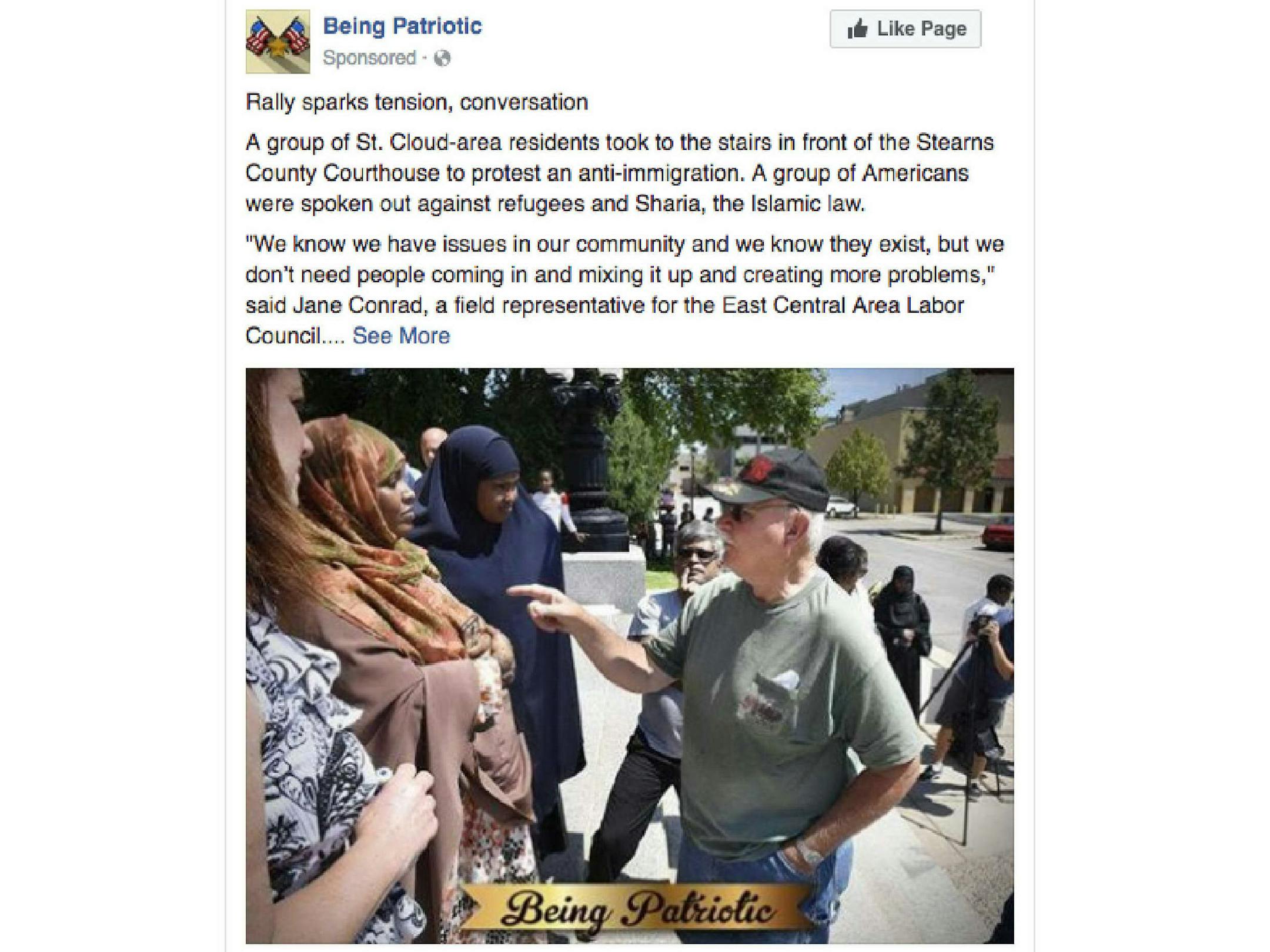 This sponsored post about an anti-Sharia and anti-immigration rally in St. Cloud was among those released by Democrats on the House intelligence committee.