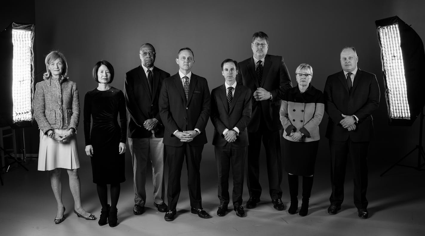 Star Tribune's annual Investors Roundtable: From left is Beth Lilly, CIO of Pohlad Companies; Lisa Erickson, head of traditional investments group at U.S. Bancorp; Mansco Perry, executive director of the Minnesota State Board of Investments; David Royal, CIO of Thrivent Financial; Justin Kelly, CEO/CIO of Winslow Capital; Doug Ramsey, CIO of Leuthold Group; Martha Pomerantz, partner with Evercore Wealth Management; and Craig Johnson, technical market strategist with Piper Jaffray.