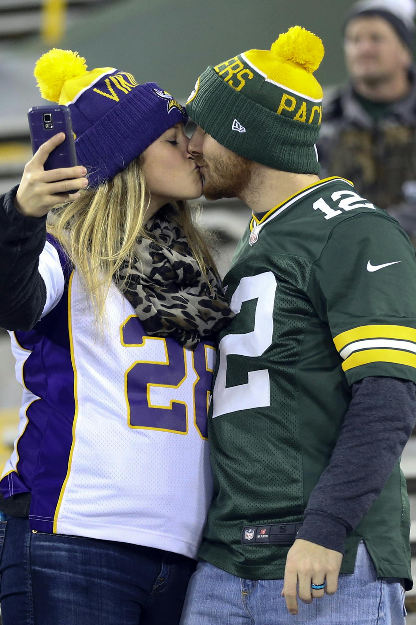 Becca Roy snapped a selfie of her and her husband, Mat Roy, before the game Sunday night. The couple, from Sioux Falls, are on their honeymoon and attending their first game as their wedding gift to themselves. "We paid for the wedding ourselves so this is what we could afford, Becca said. At left was their friend Larissa Hansmeier. ] JEFF WHEELER &#xd4; jeff.wheeler@startribune.com The Minnesota Vikings faced the Green Bay Packers in the final regular season game of season Sunday, January 3, 20