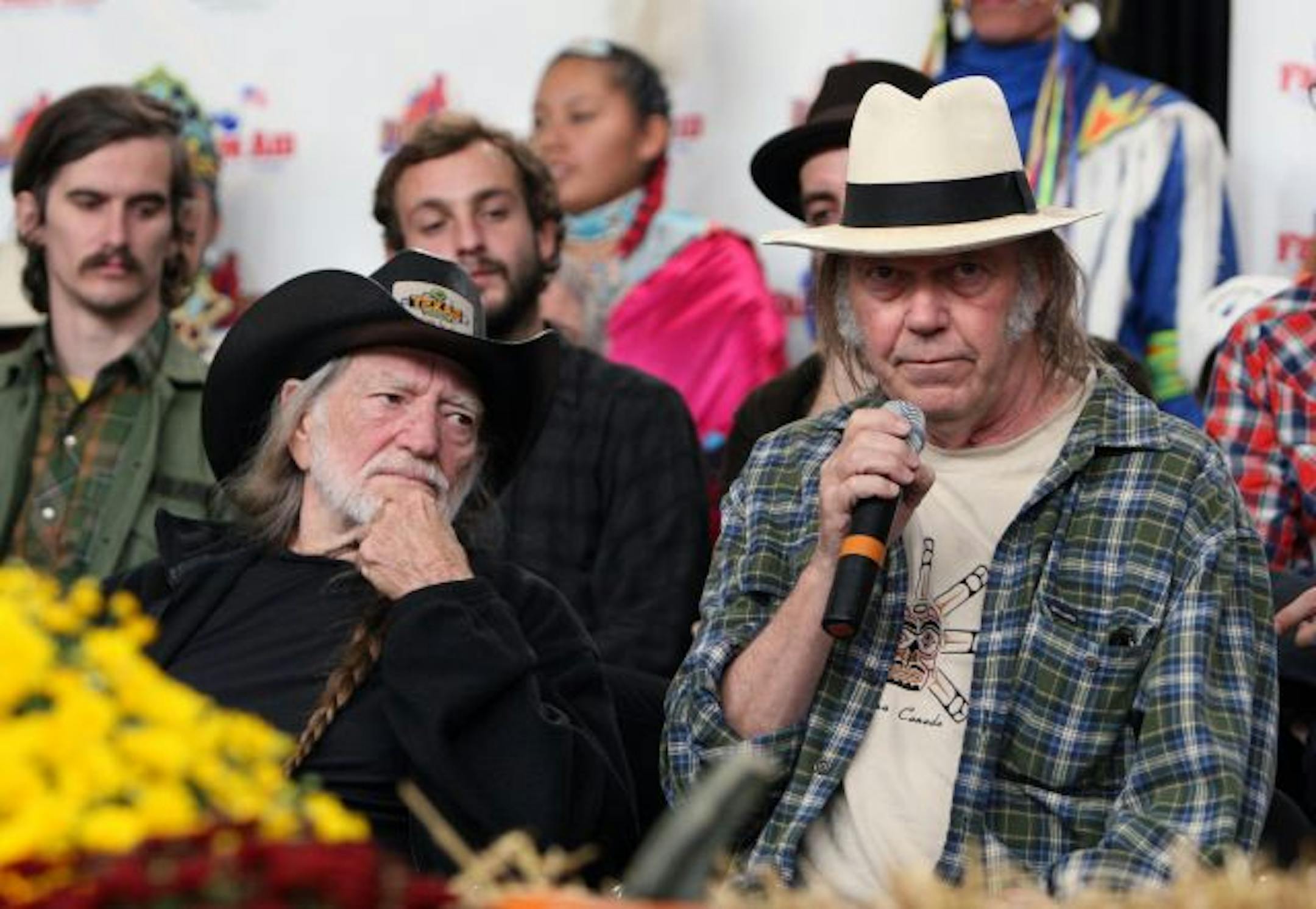ST LOUIS, MO - OCTOBER 04: Willie Nelson and Neil Young attend the press conference for Farm Aid 2009 at the Verizon Wireless Amphitheater on October 4, 2009 in St Louis, Missouri.