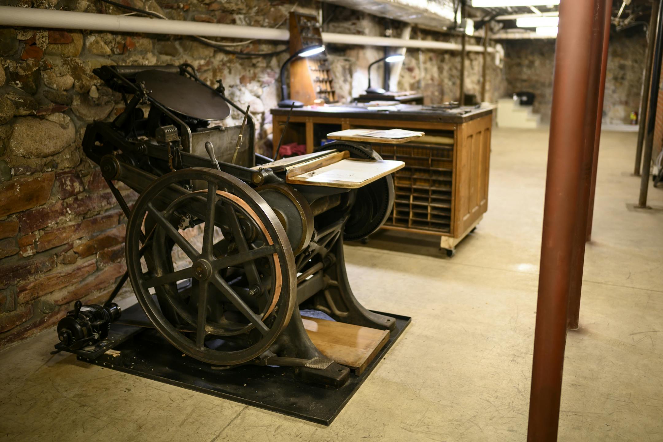 The vintage Brandtjen and Kluge letterpress in the basement of the Grand Center for the Arts in New Ulm.