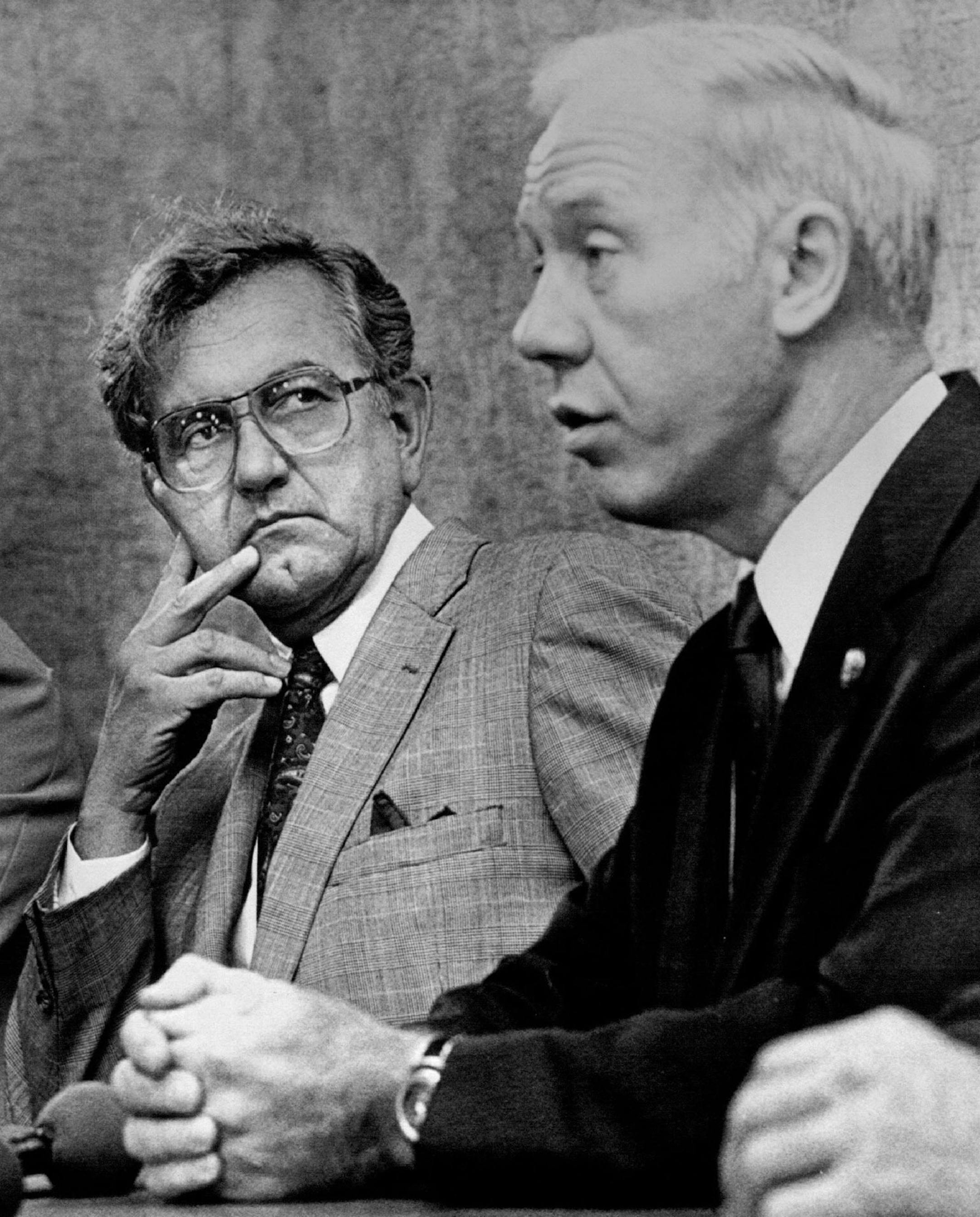 July 24, 1986 Let's talk about L.T.V -- Minnesota Gov. Rudy Perpich, left, listens as congressman James Oberstar talks to reporters about their meeting with the L.T.V steel officials at L.T.V headquarters in downtown Cleveland Thursday morning. Hoda Bakhshandagi, AP Laserphoto