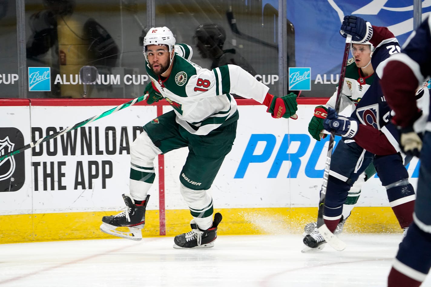 Minnesota Wild left wing Jordan Greenway drives to the net against the Colorado Avalanche in the second period