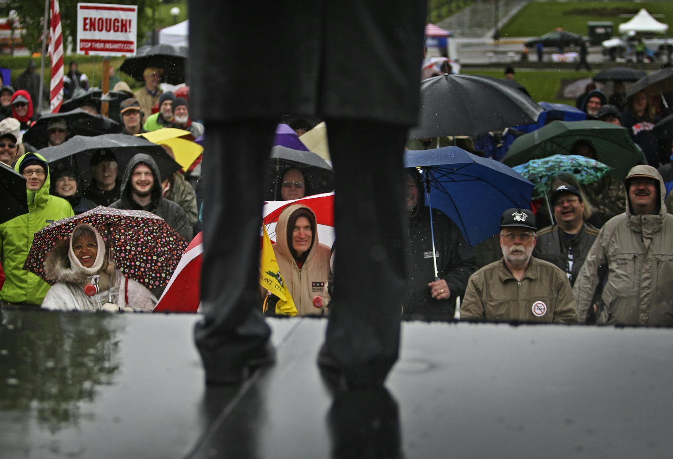A fired up Herman Cain spoke to the crowd in a steady rain outside the Capitol in St. Paul, MN, Saturday, April 28, 2012.