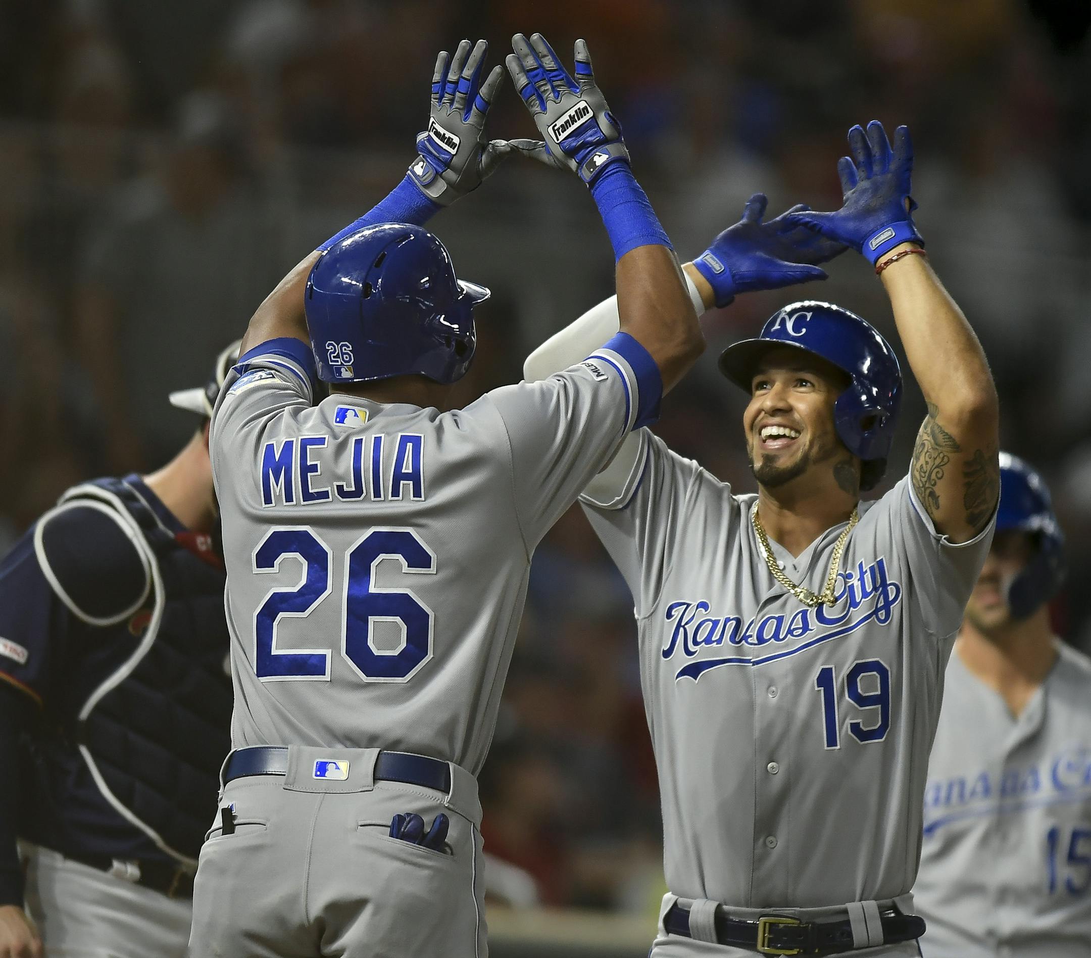 Kansas City Royals third baseman Cheslor Cuthbert (19) celebrated his 2-run home run in the top of the ninth inning, bringing home shortstop Erick Mejia (26) and taking a 2-run lead over the Twins. ] Aaron Lavinsky • aaron.lavinsky@startribune.com The Minnesota Twins played the Kansas City Royals on Saturday, Sept. 21, 2019 at Target Field in Minneapolis, Minn.