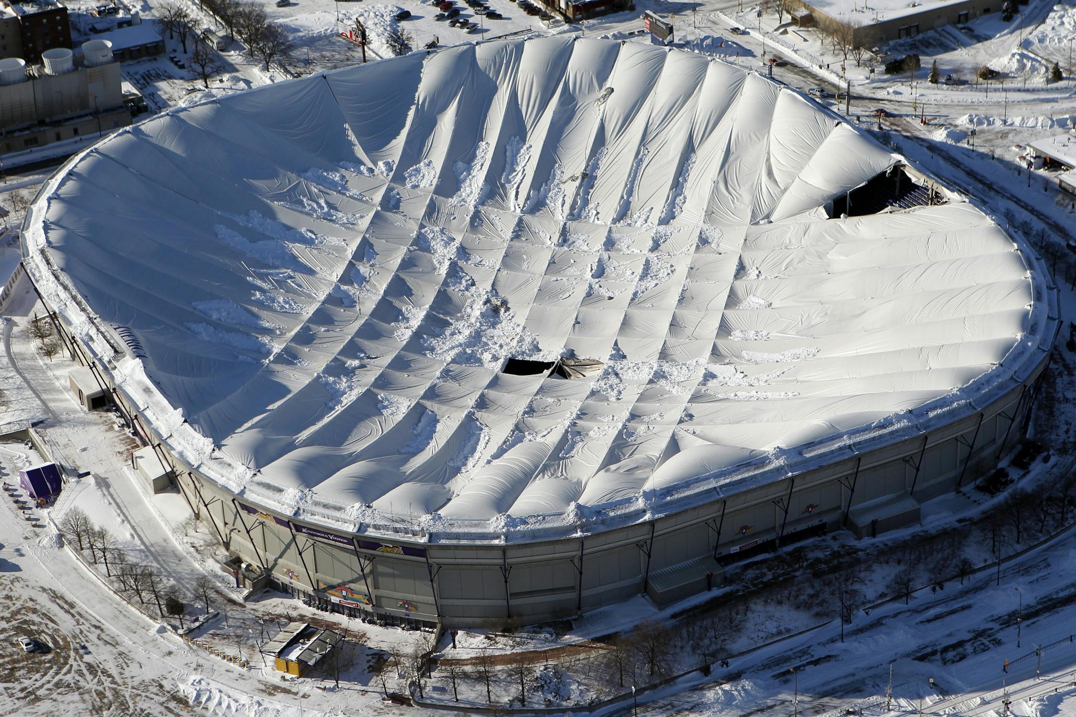 The roof of the Metrodome in Minneapolis, Minn. collapsed due to the heavy snow. The Game between the Minnesota Vikings and New York Giants was rescheduled and will be played in Detroit on Monday night.