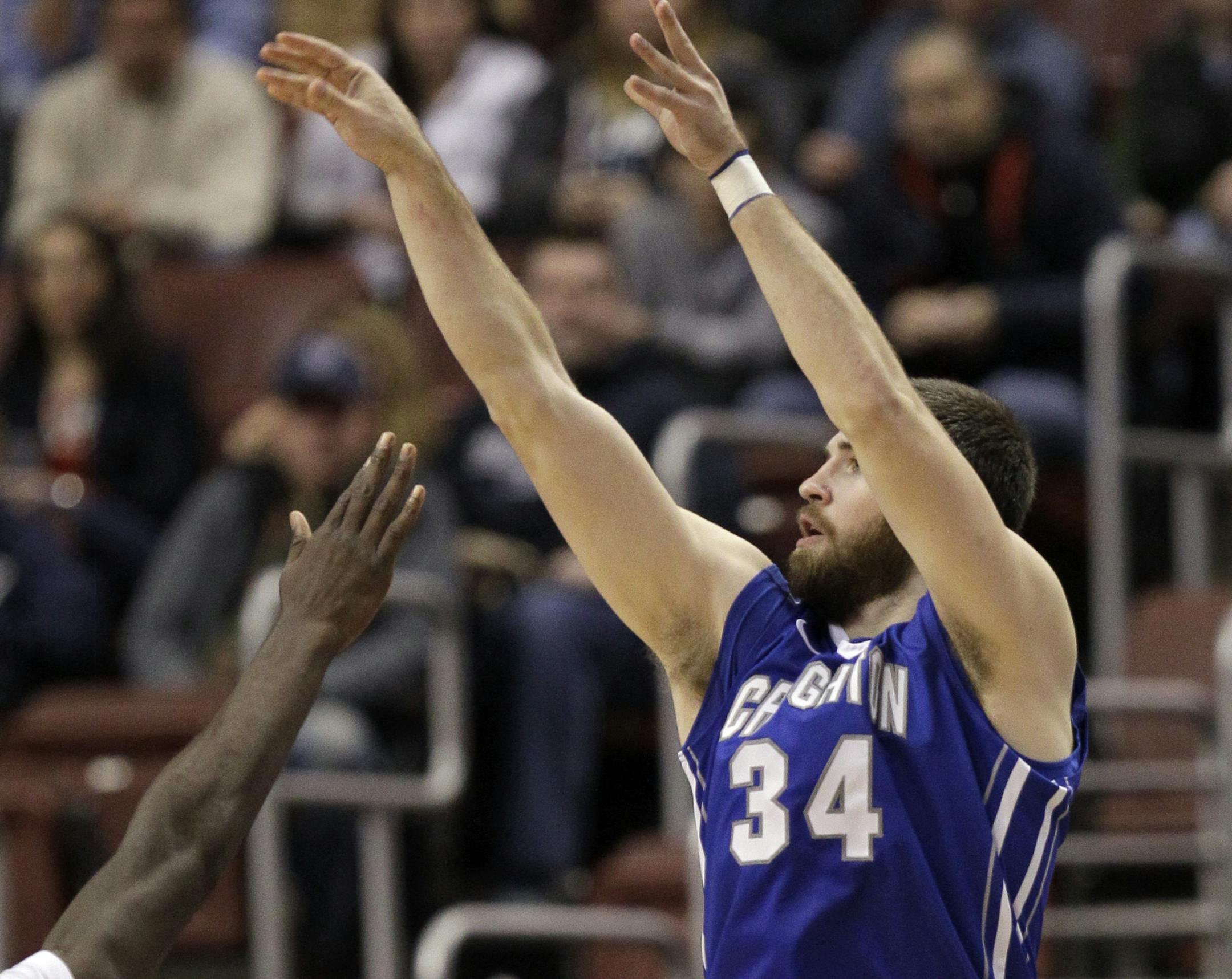 FILE - In this Jan. 20, 2014, file photo, Creighton's Ethan Wragge (34) shoots against Villanova during an NCAA college basketball game in Philadelphia. Wragge showed why he's the best 3-point shooter in the nation by dropping nine of the Bluejays' Big East-record 21 in a 28-point thrashing of No. 4 Villanova. (AP Photo/Laurence Kesterson, File) ORG XMIT: NY160