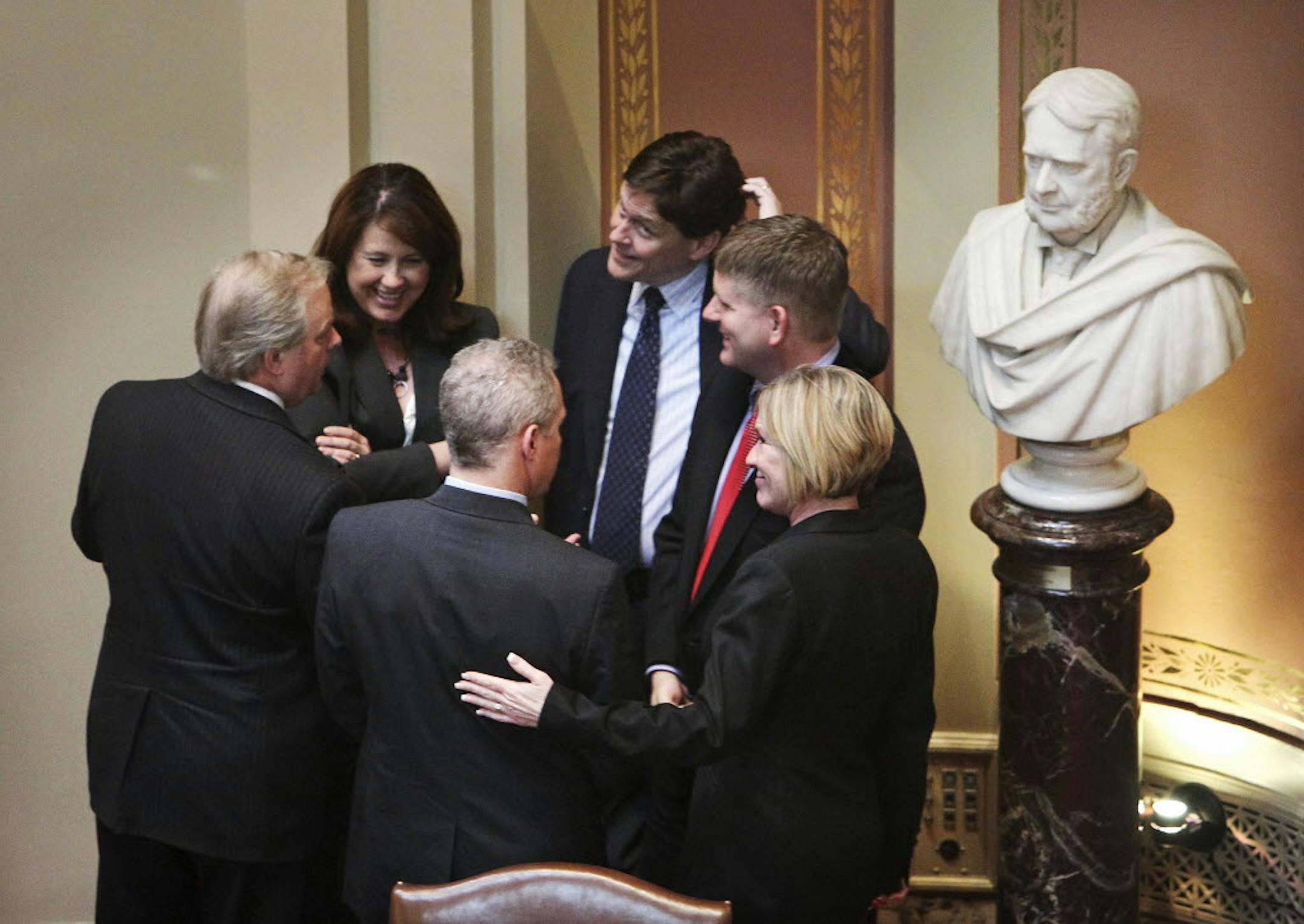 GOP leaders, from left, Doug Magnus, Amy Koch, Geoff Michel, Matt Dean, Kurt Zellers and Michelle Fischbach conferred Tuesday at the Capitol.