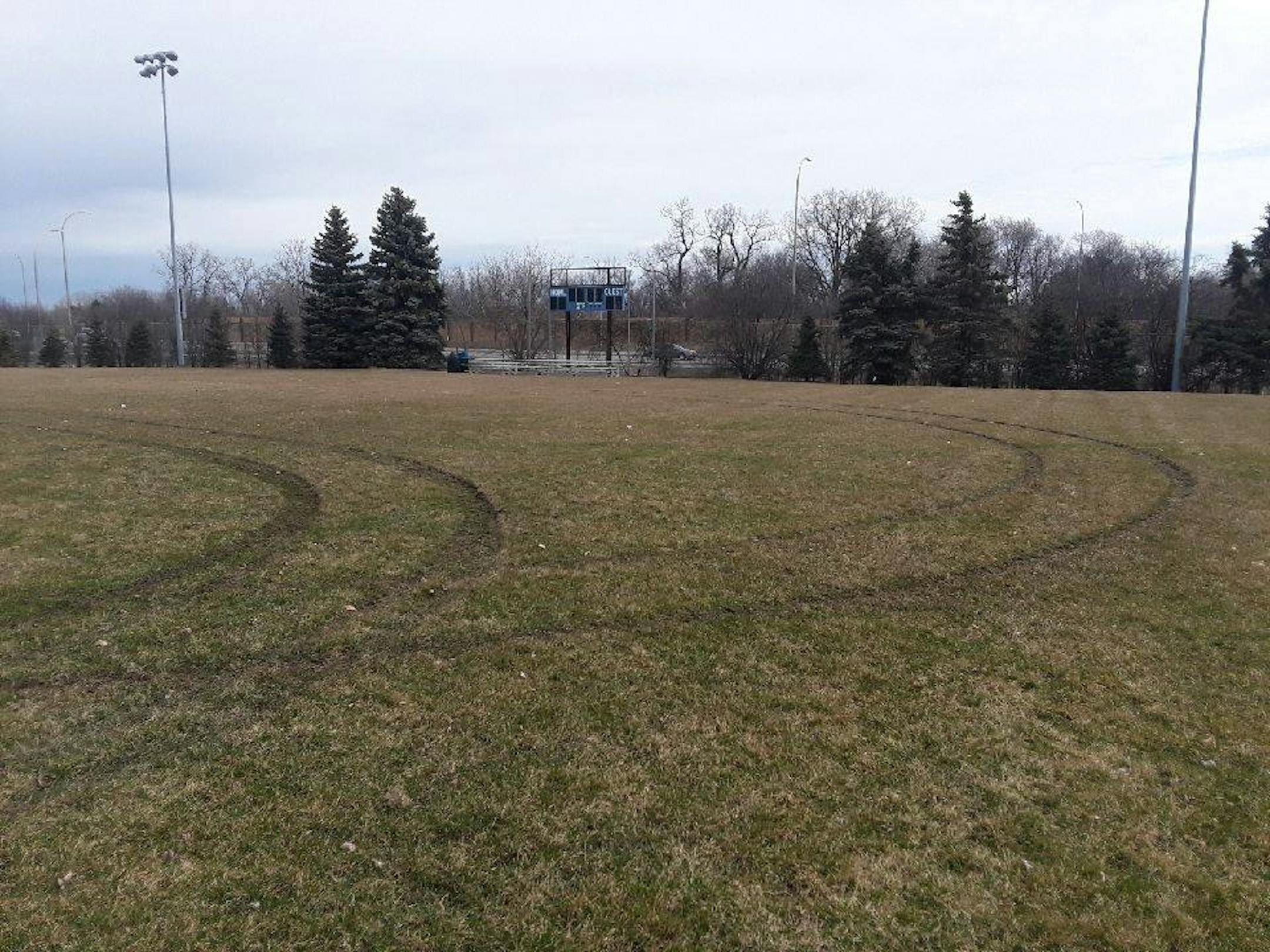 Somebody in a vehicle drove onto the baseball and soccer fields at the Sports Complex in West St. Paul, causing damage to the soft ground.