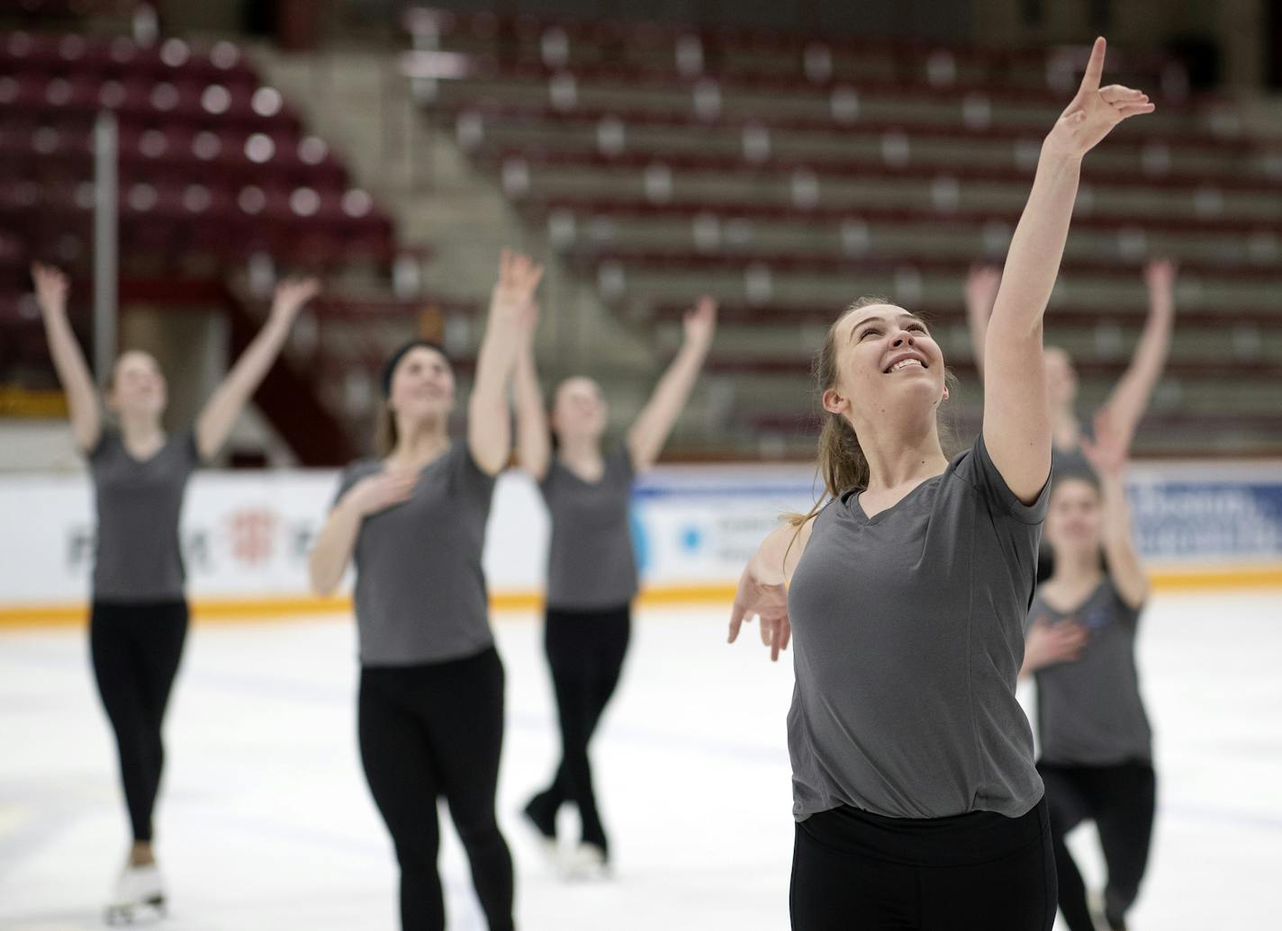 Annie Givens center and members of The Northernettes Synchronized Team practiced at Ridder Ice Arena.