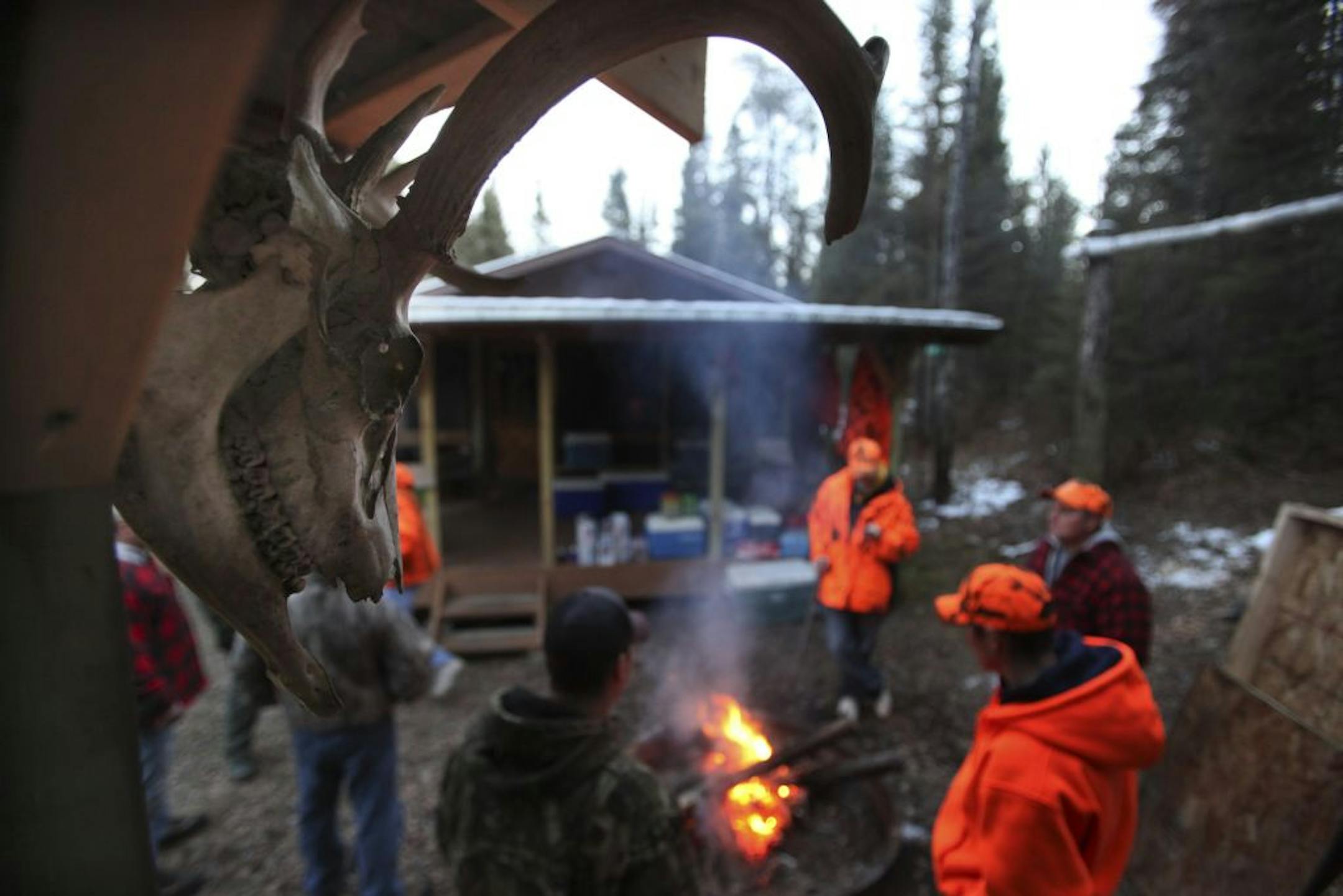 The first wolf season ran during the firearms deer season. Here, hunters gathered at a deer camp near Tower, Minn.