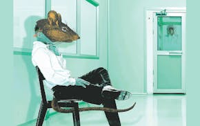 A man wearing a rat mask sits in a green waiting room