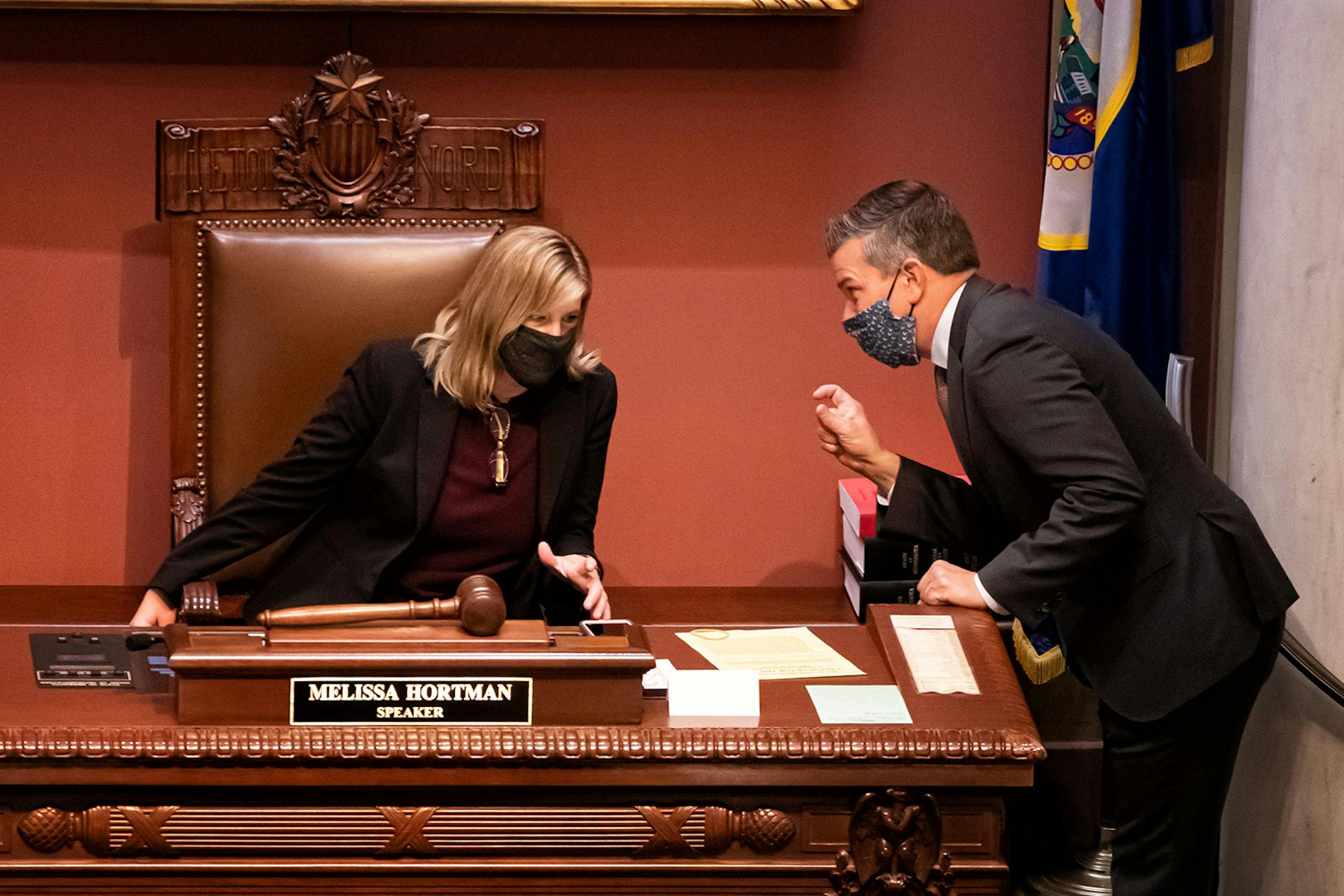 After speaking with Republican legislators on the floor, House Majority Leader Ryan Winkler, DFL-Golden Valley went up to talk with House Speaker Melissa Hortman, DFL-Brooklyn Park just before the start of the Wednesday special session.