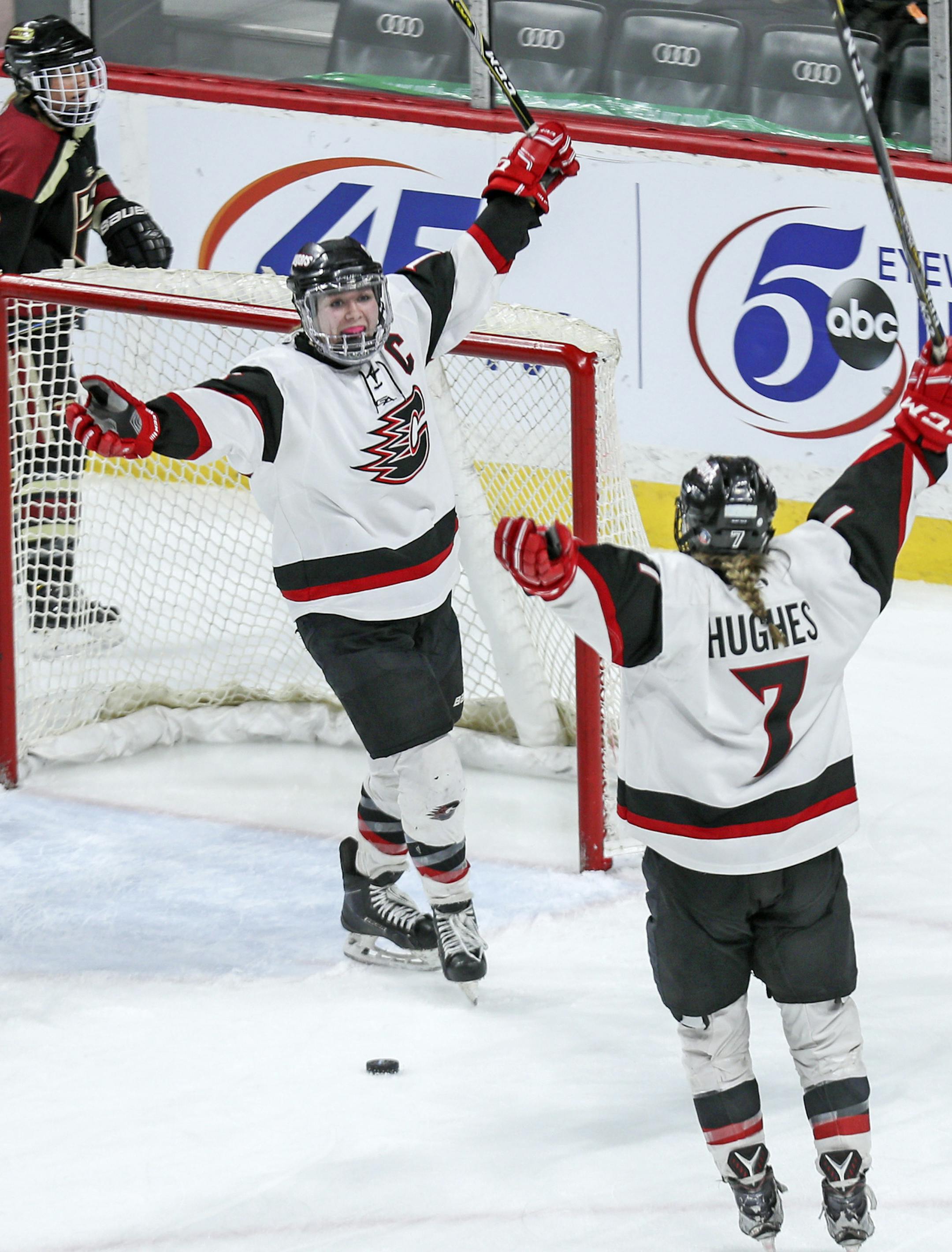 Centennialís Anneke Linser and Gabbie Hughes celebrate Linserís 3rd period goal to seal their victory over Lakeville South. ] Class 2A girls' hockey state tournament quarterfinals ï Centennial vs. Lakeville South
BRIAN PETERSON ï brian.peterson@startribune.com
St. Paul, MN 02/22/18