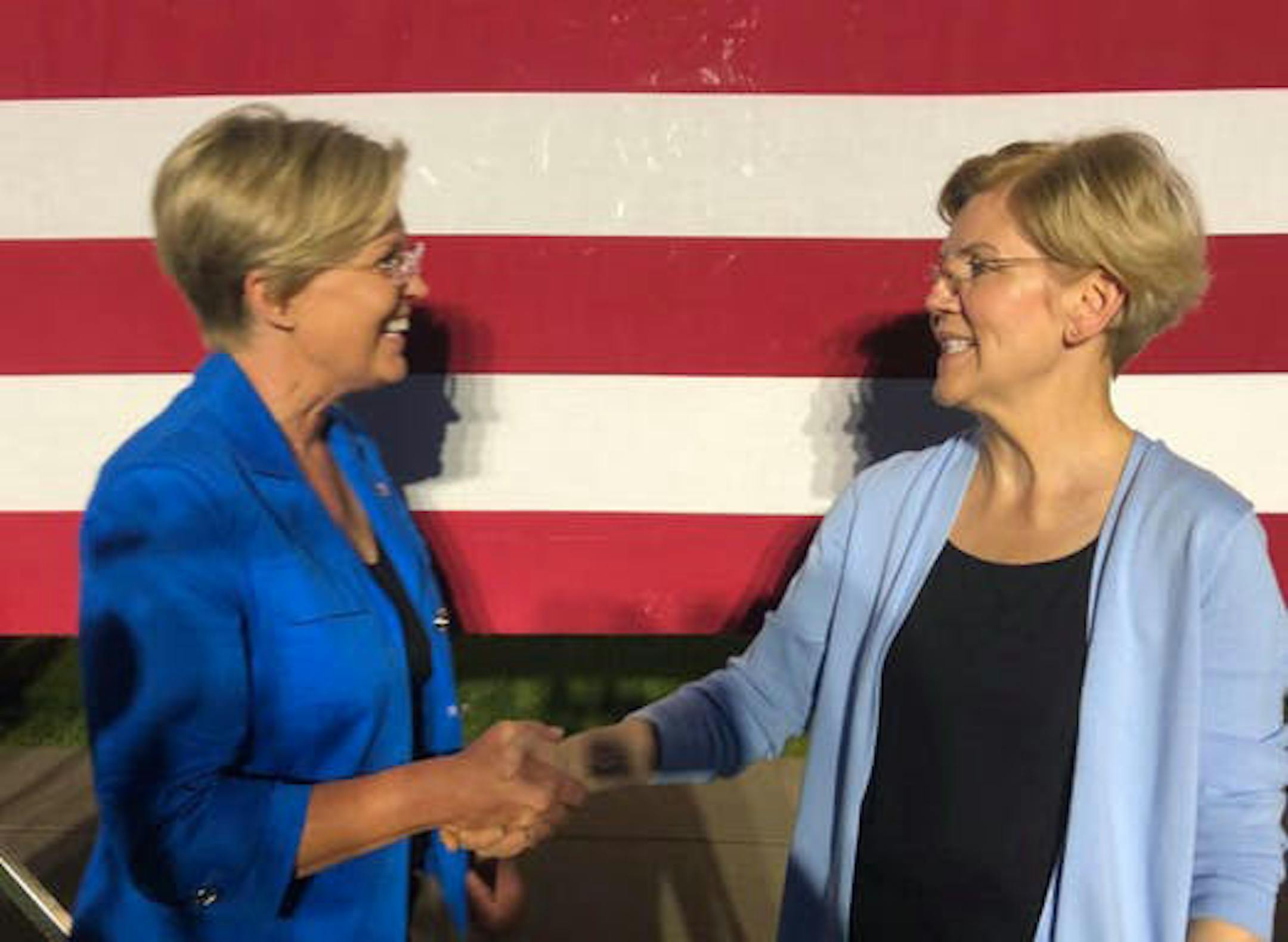 Seeing double? It's not you, it's Stephanie Oyen (left), an Elizabeth Warren doppelganger at the presidential candidate's rally in Minnesota on Monday night.
