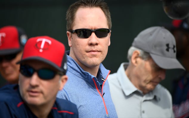 Twins executive vice president and chief baseball officer Derek Falvey watched practice.