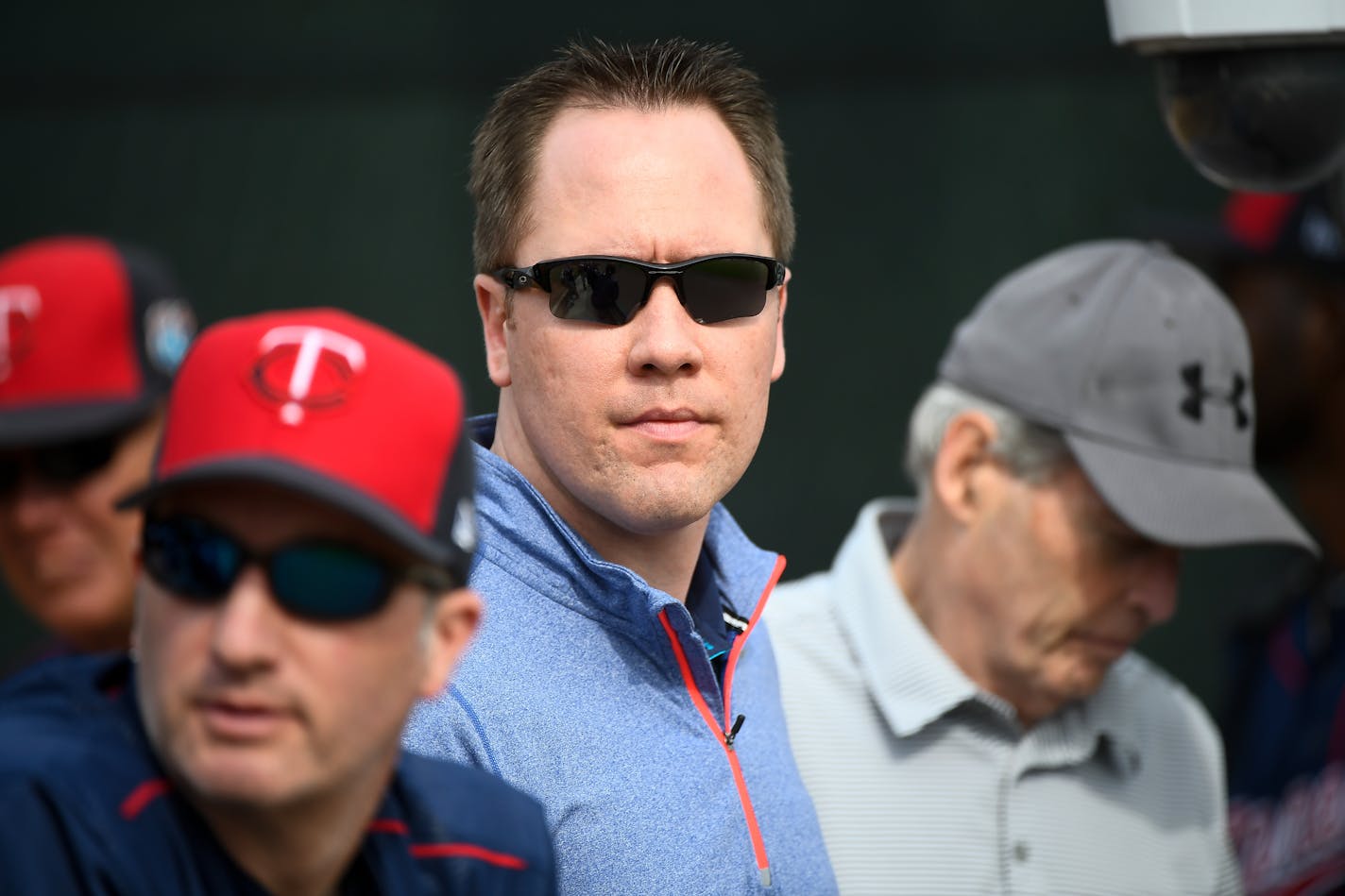 Twins executive vice president and chief baseball officer Derek Falvey watched practice.